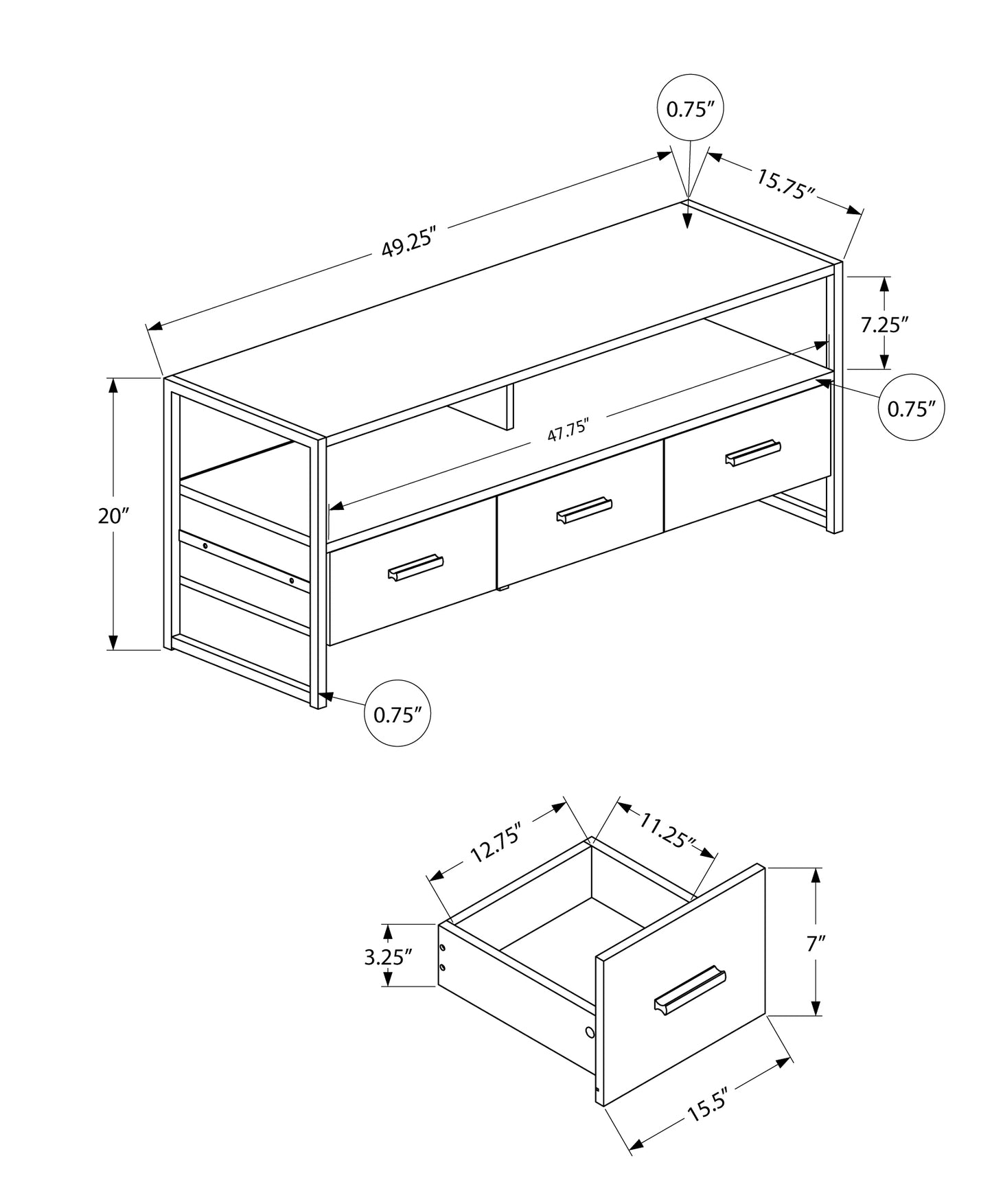 title:Tv Stand, 48 Inch, Console, Media Entertainment Center, Storage Drawers, Living Room, Bedroom, White Laminate, Black Metal, Contemporary, Modern;color:White