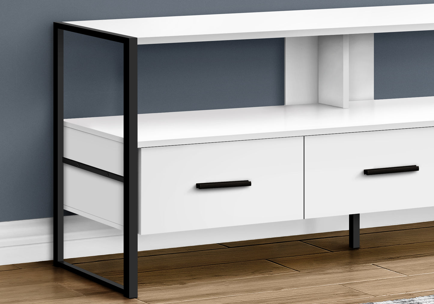 title:Tv Stand, 48 Inch, Console, Media Entertainment Center, Storage Drawers, Living Room, Bedroom, White Laminate, Black Metal, Contemporary, Modern;color:White