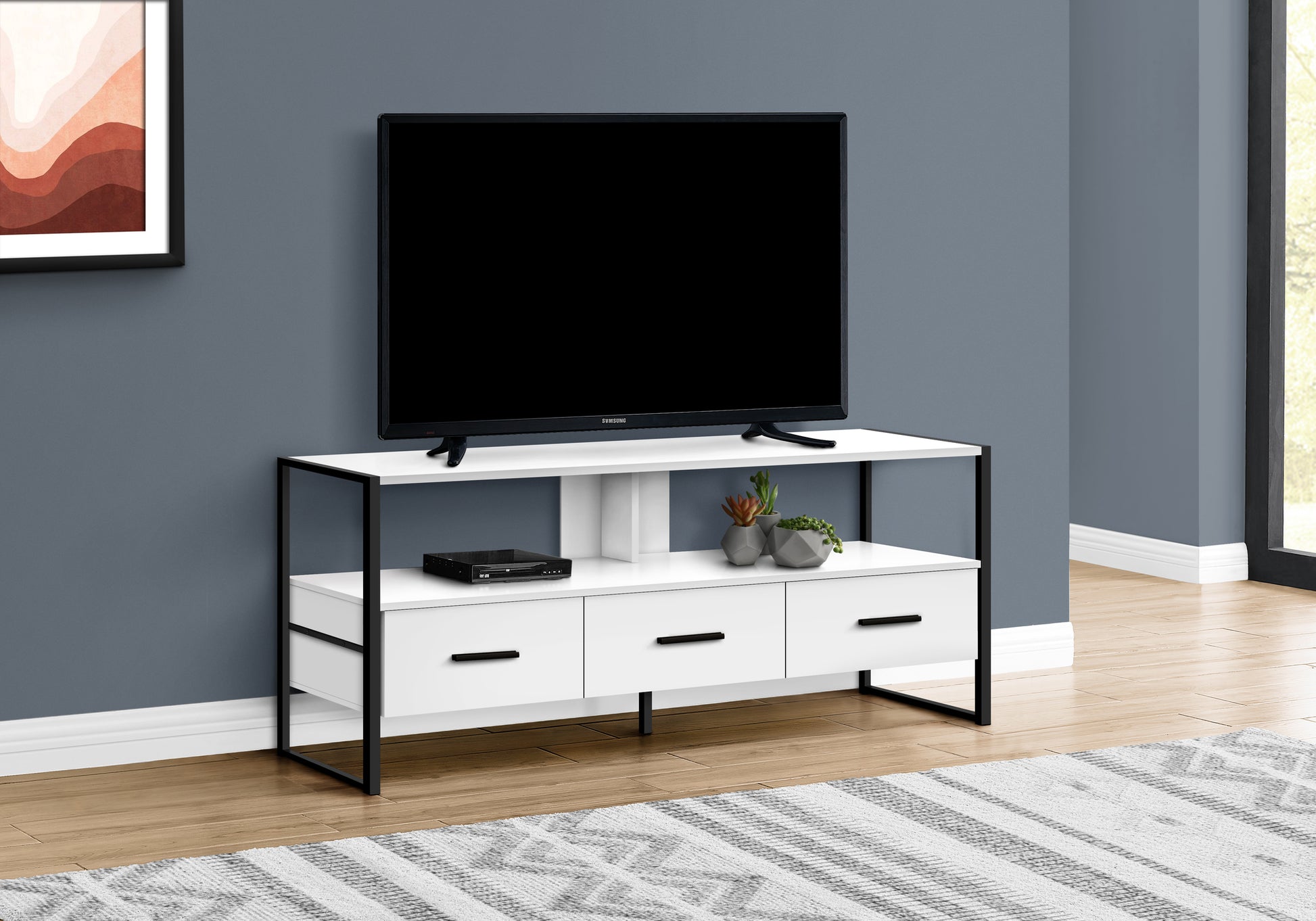 title:Tv Stand, 48 Inch, Console, Media Entertainment Center, Storage Drawers, Living Room, Bedroom, White Laminate, Black Metal, Contemporary, Modern;color:White