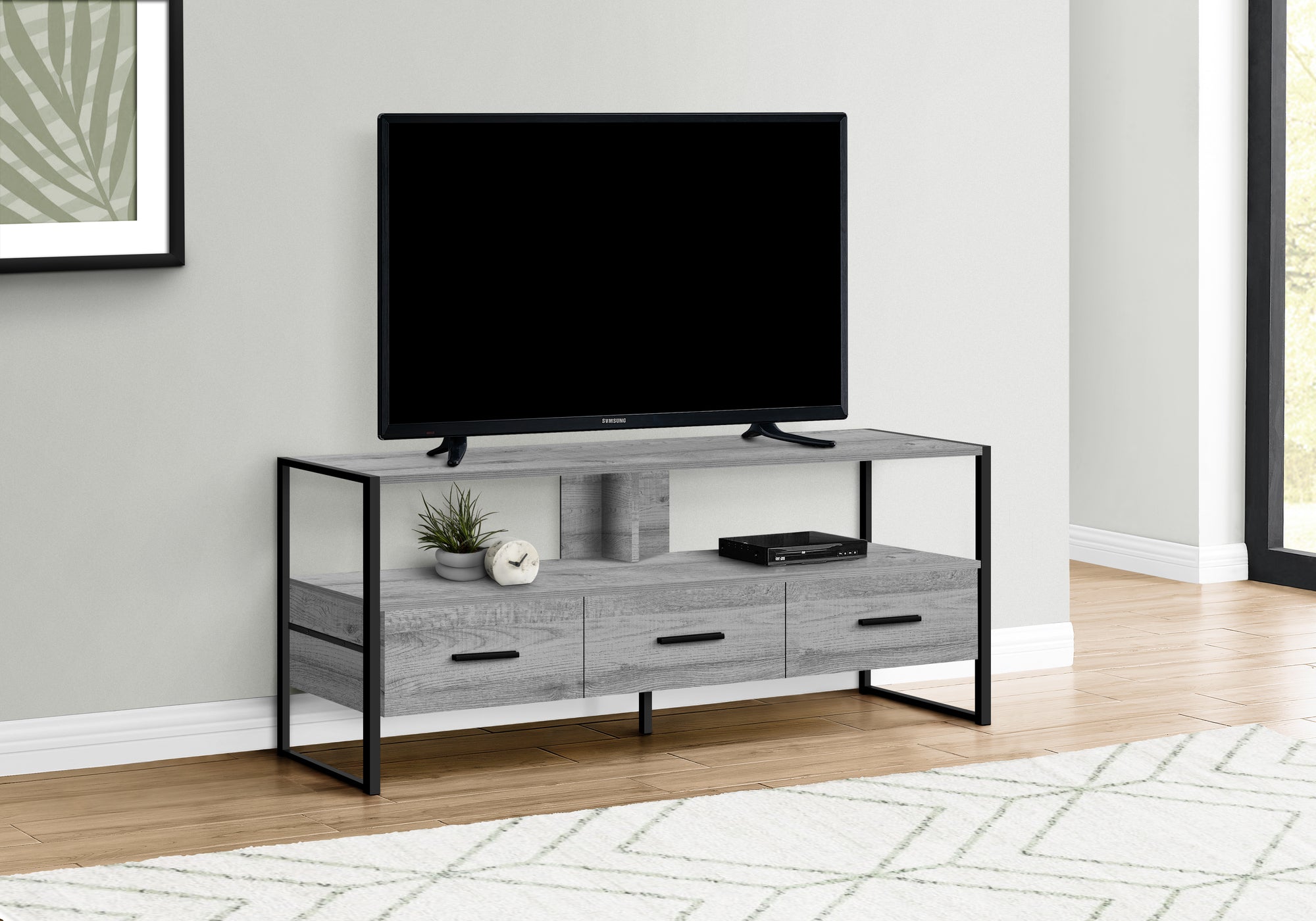 title:Tv Stand, 48 Inch, Console, Media Entertainment Center, Storage Drawers, Living Room, Bedroom, Grey Laminate, Black Metal, Contemporary, Modern;color:Grey