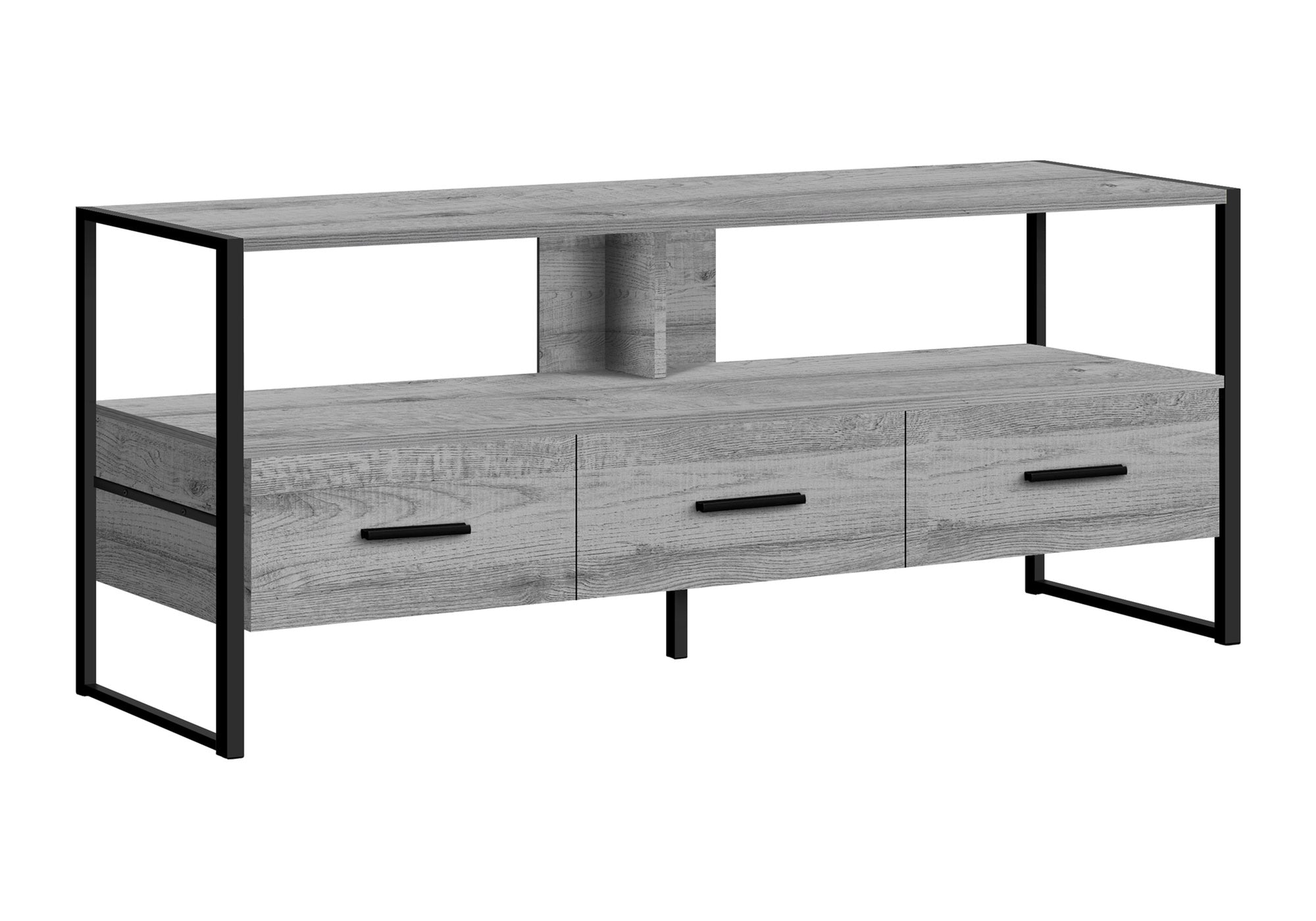 title:Tv Stand, 48 Inch, Console, Media Entertainment Center, Storage Drawers, Living Room, Bedroom, Grey Laminate, Black Metal, Contemporary, Modern;color:Grey