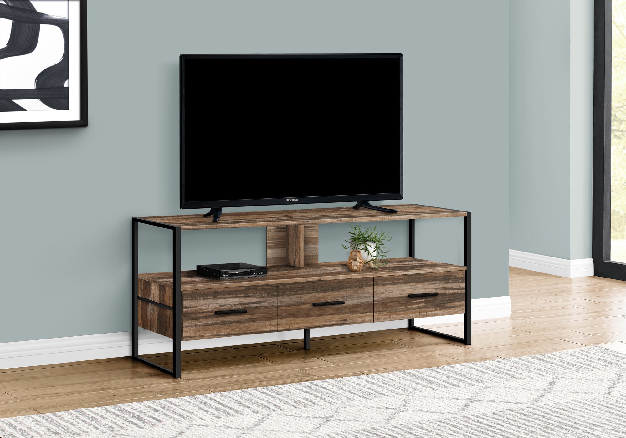 title:Tv Stand, 48 Inch, Console, Media Entertainment Center, Storage Drawers, Living Room, Bedroom, Brown Laminate, Black Metal, Contemporary, Modern;color:Brown