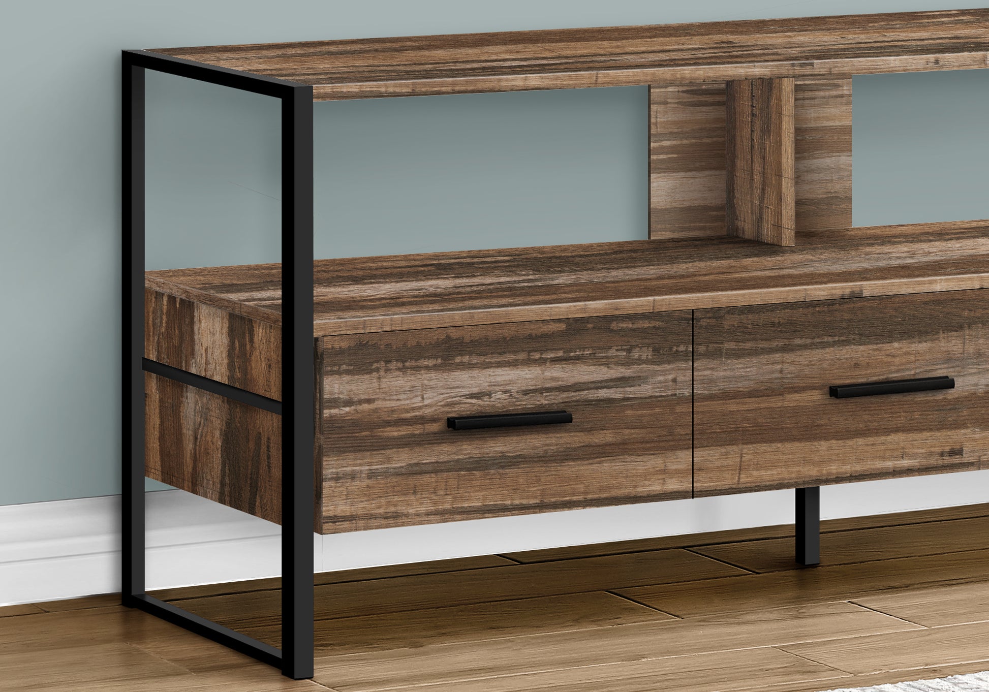 title:Tv Stand, 48 Inch, Console, Media Entertainment Center, Storage Drawers, Living Room, Bedroom, Brown Laminate, Black Metal, Contemporary, Modern;color:Brown