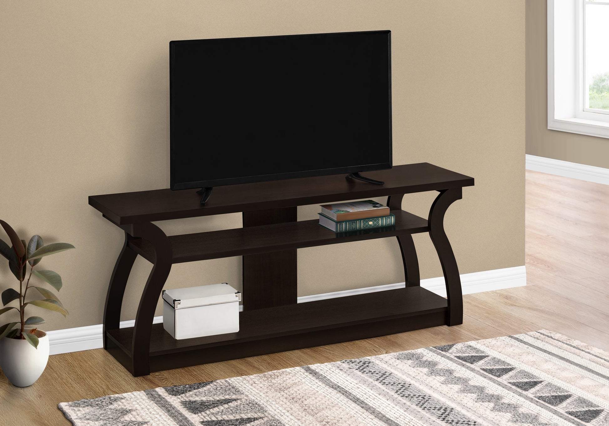 title:Tv Stand, 60 Inch, Console, Media Entertainment Center, Storage Shelves, Living Room, Bedroom, Brown Laminate, Contemporary, Modern;color:Espresso