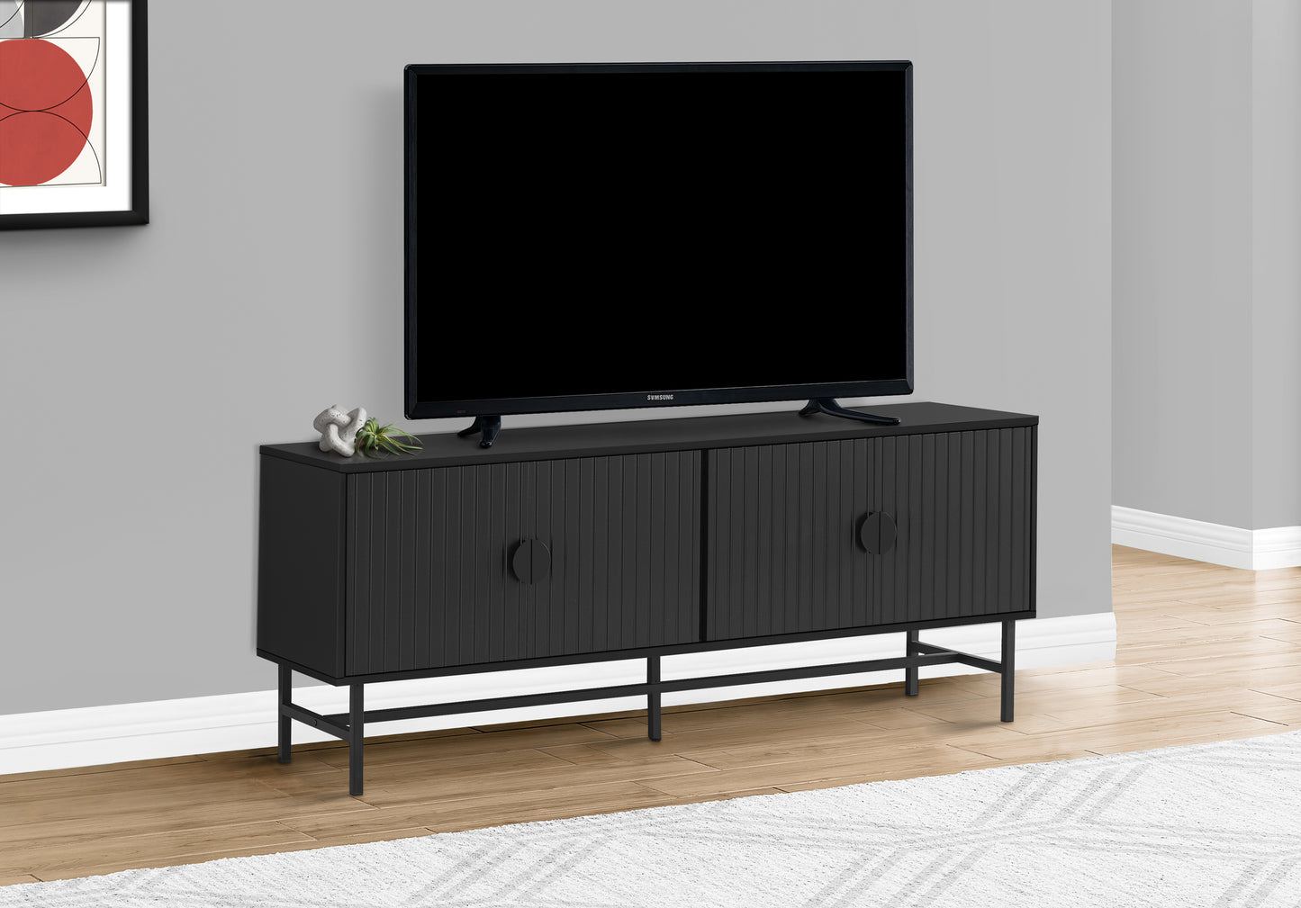 title:Tv Stand, 60 Inch, Console, Media Entertainment Center, Storage Cabinet, Living Room, Bedroom, Black Laminate, Black Metal, Contemporary, Modern;color:Black