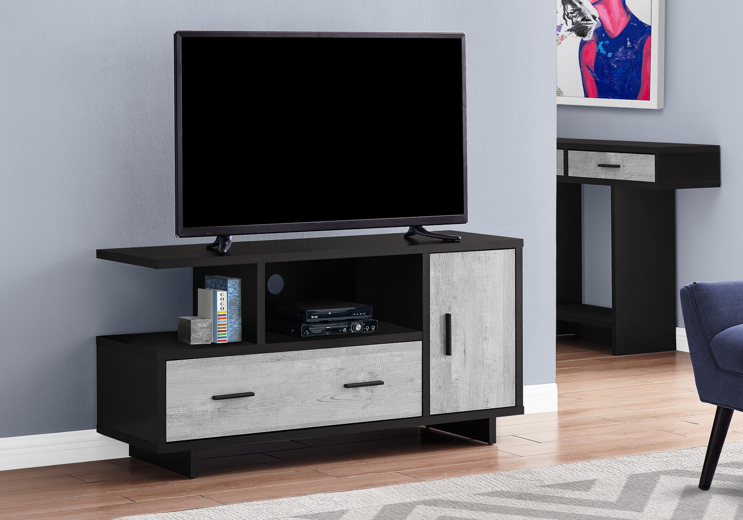 title:Tv Stand, 48 Inch, Console, Media Entertainment Center, Storage Cabinet, Drawers, Living Room, Bedroom, Black And Grey Laminate, Contemporary, Modern;color:Black