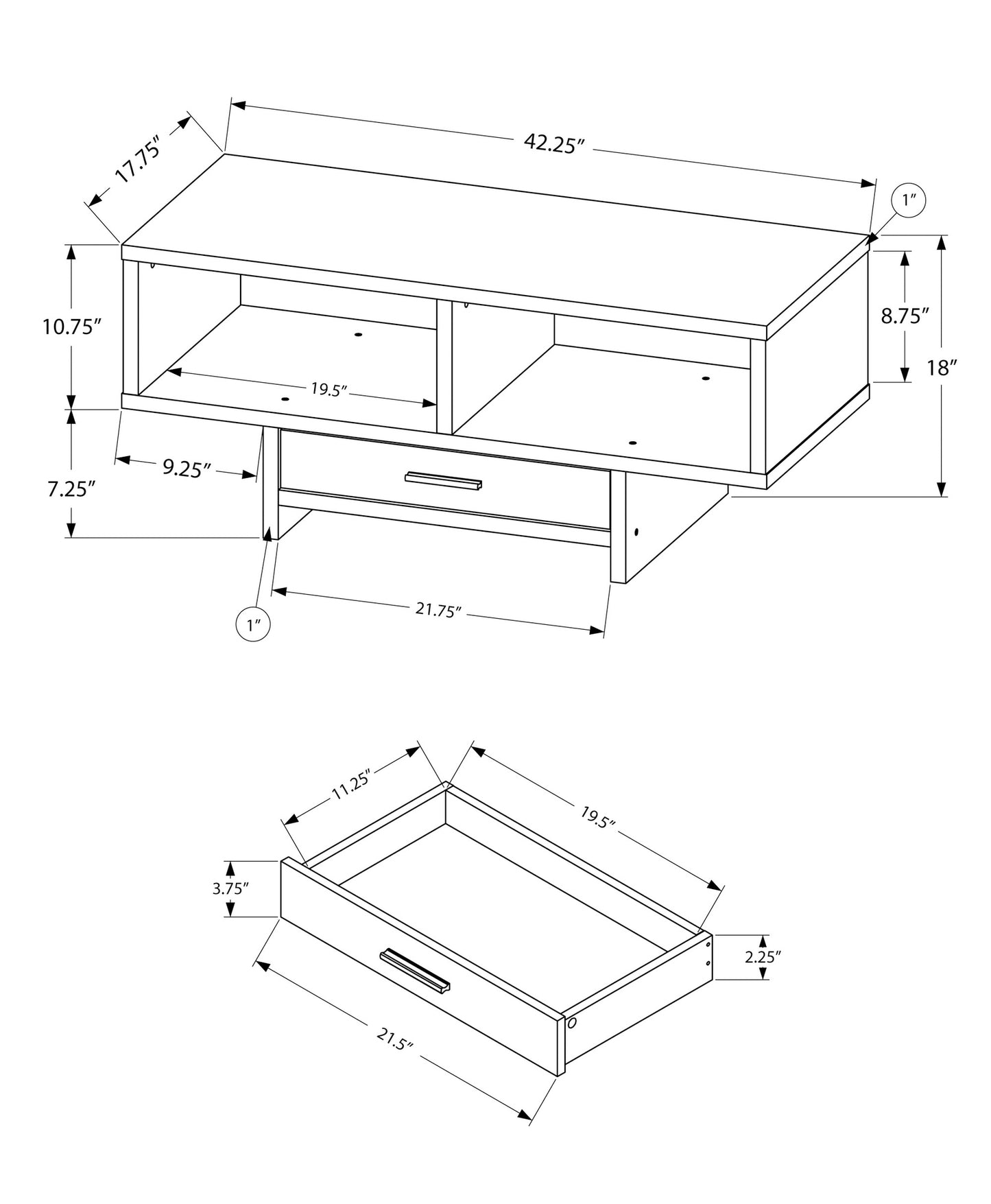 title:Coffee Table, Accent, Cocktail, Rectangular, Storage, Living Room, 42" L, Drawer, Black And Grey Laminate, Contemporary, Modern;color:Black