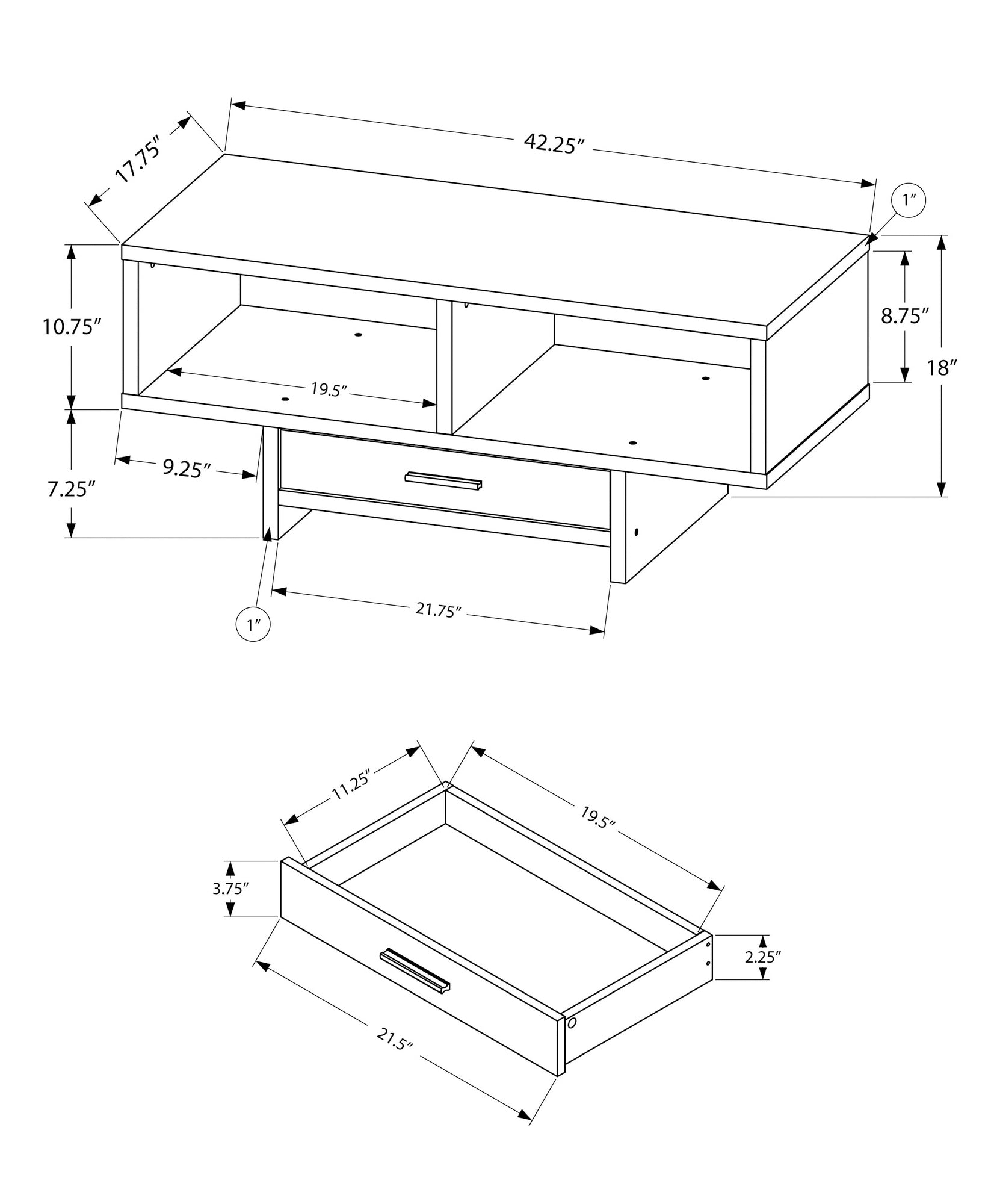 title:Coffee Table, Accent, Cocktail, Rectangular, Storage, Living Room, 42" L, Drawer, Black And Grey Laminate, Contemporary, Modern;color:Black