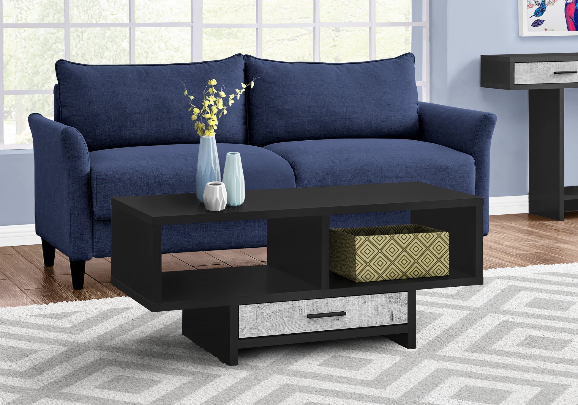 title:Coffee Table, Accent, Cocktail, Rectangular, Storage, Living Room, 42" L, Drawer, Black And Grey Laminate, Contemporary, Modern;color:Black