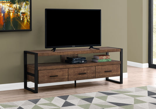 title:Tv Stand, 60 Inch, Console, Media Entertainment Center, Storage Drawers, Living Room, Bedroom, Brown Laminate, Black Metal, Contemporary, Modern;color:Brown