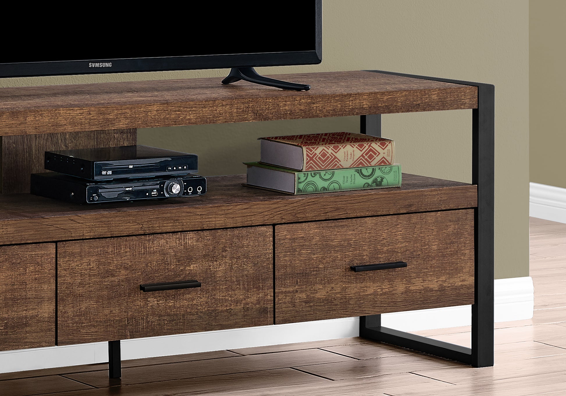 title:Tv Stand, 60 Inch, Console, Media Entertainment Center, Storage Drawers, Living Room, Bedroom, Brown Laminate, Black Metal, Contemporary, Modern;color:Brown