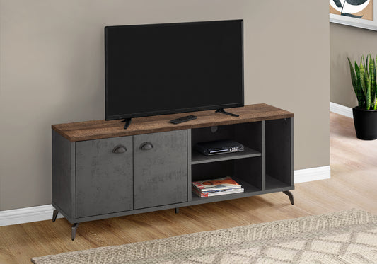 title:Tv Stand, 60 Inch, Console, Media Entertainment Center, Storage Cabinet, Living Room, Bedroom, Brown And Grey Laminate, Grey Metal, Contemporary, Modern;color:Grey