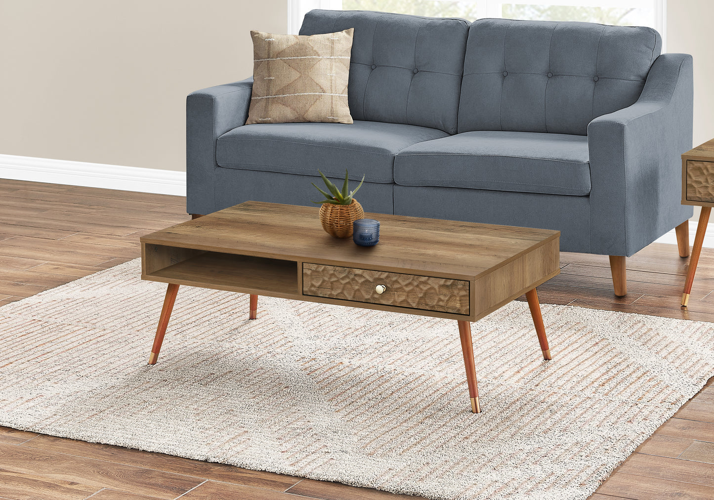 title:Coffee Table, Accent, Cocktail, Rectangular, Storage, Living Room, 44"l, Walnut Laminate, Wood Legs, Mid Century;color:Walnut