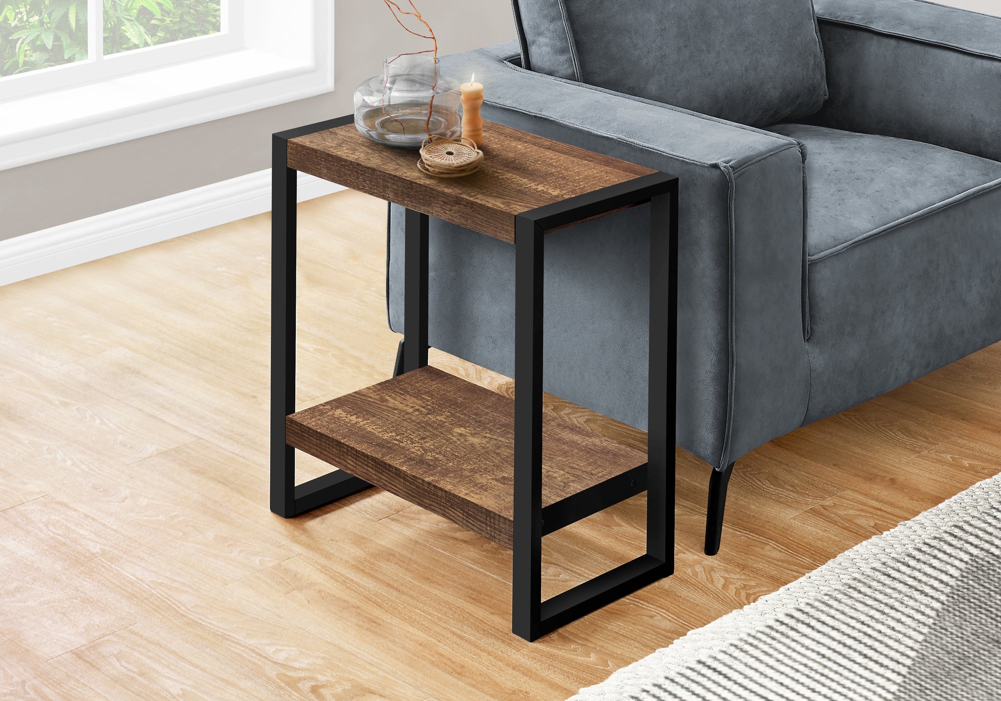 title:Accent Table, Side, End, Nightstand, Lamp, Living Room, Bedroom, Brown Laminate, Black Metal, Industrial;color:Brown