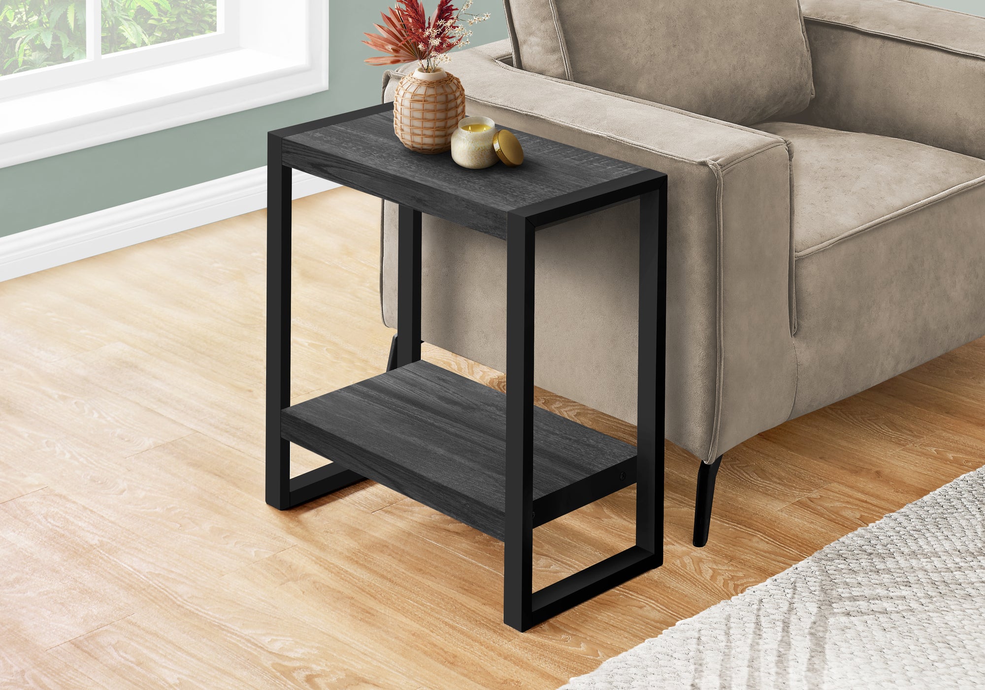 title:Accent Table, Side, End, Nightstand, Lamp, Living Room, Bedroom, Black Laminate, Black Metal, Industrial;color:Black