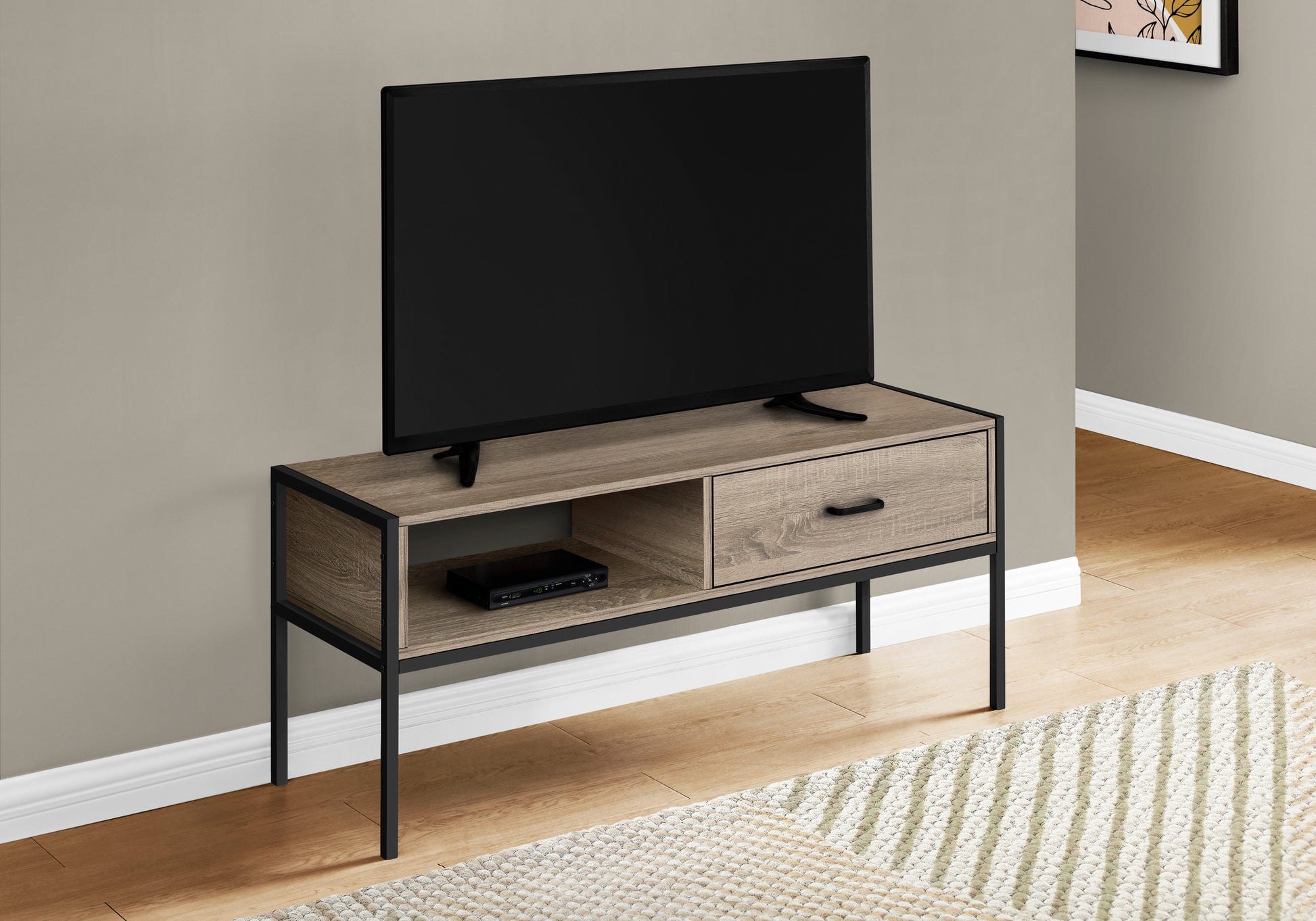 title:Tv Stand, 48 Inch, Console, Media Entertainment Center, Storage Drawer, Living Room, Bedroom, Brown Laminate, Black Metal, Contemporary, Modern;color:Dark Taupe