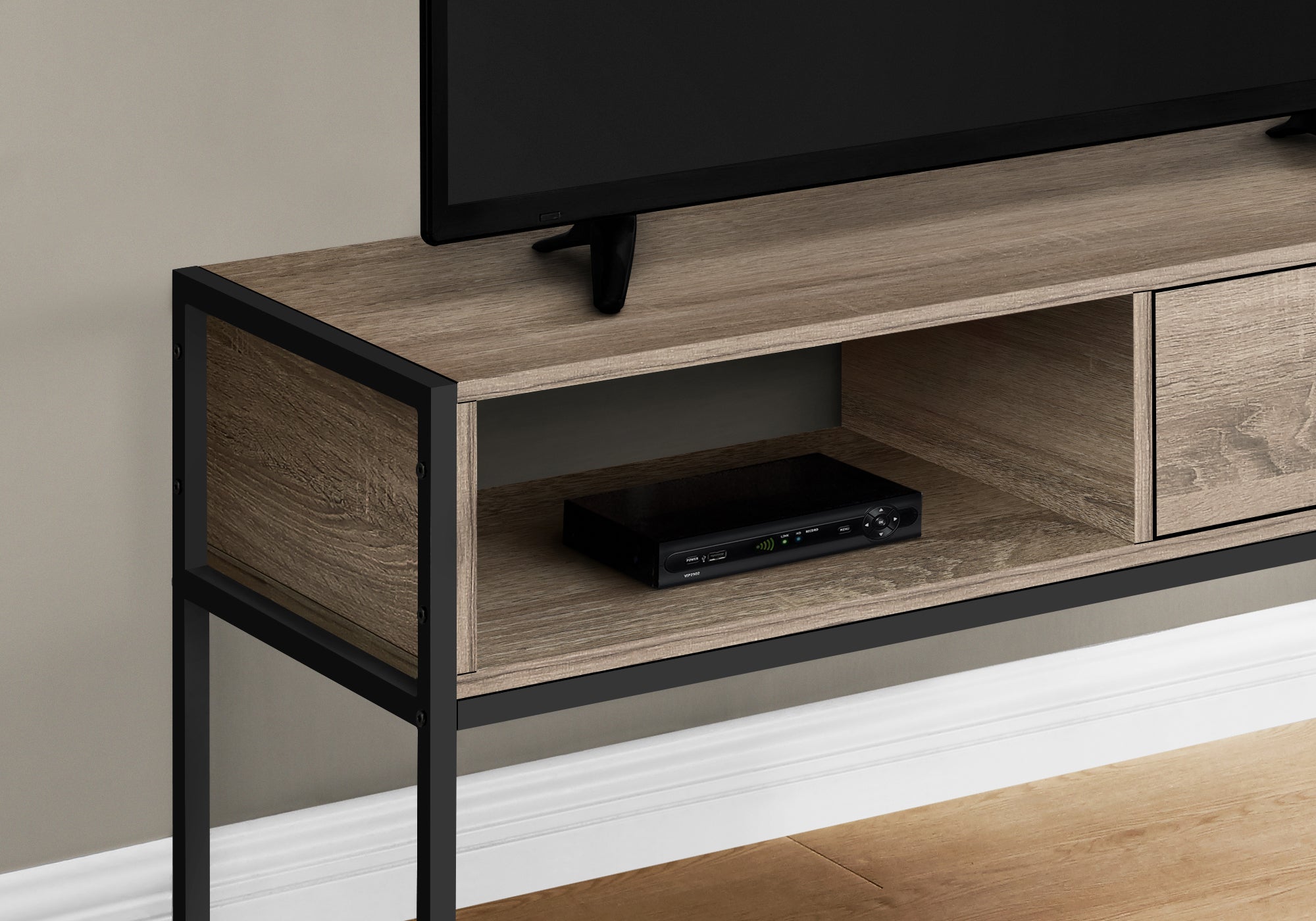 title:Tv Stand, 48 Inch, Console, Media Entertainment Center, Storage Drawer, Living Room, Bedroom, Brown Laminate, Black Metal, Contemporary, Modern;color:Dark Taupe