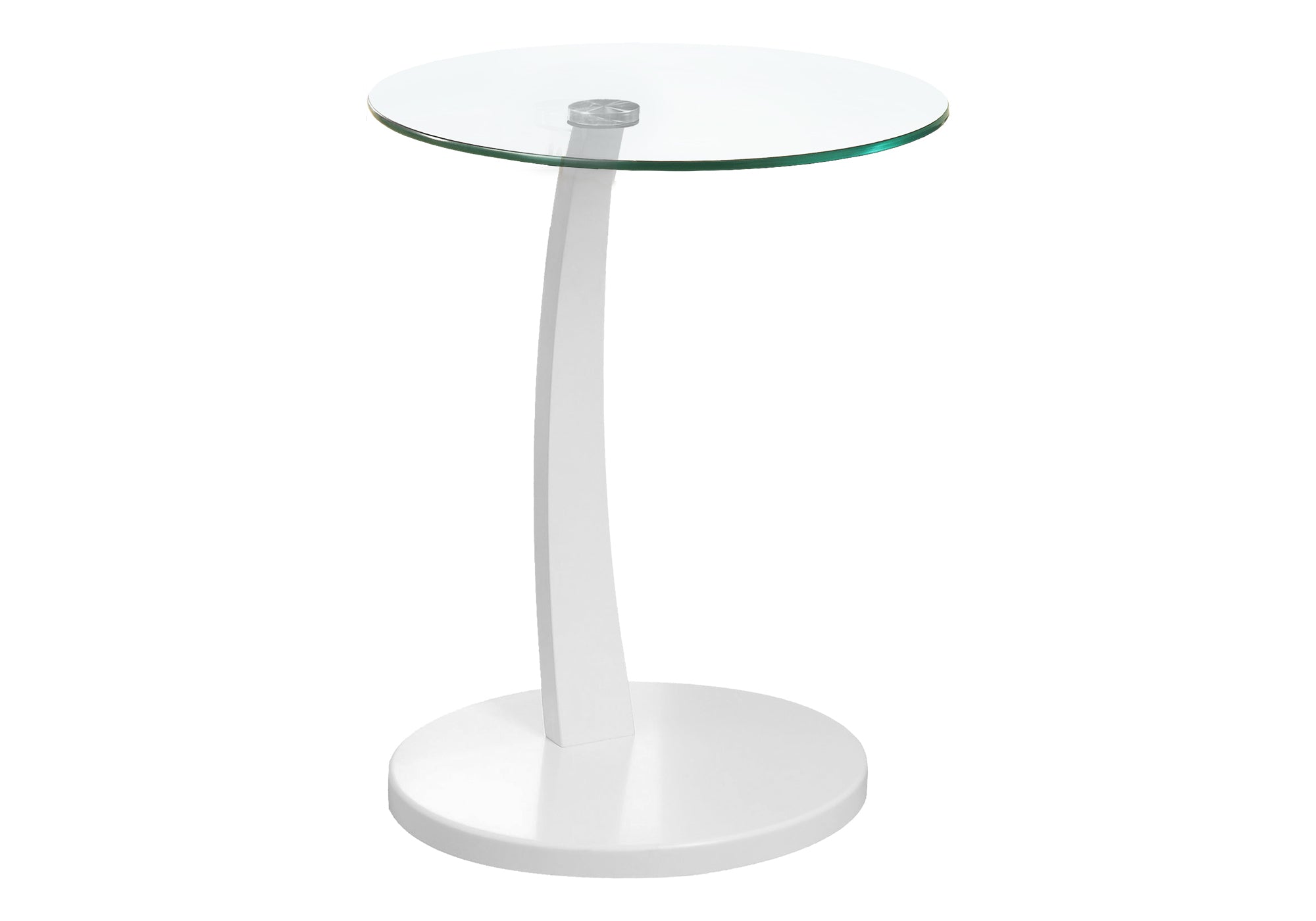 title:Accent Table, C-shaped, End, Side, Snack, Living Room, Bedroom, Clear Tempered Glass, White Laminate, Contemporary, Modern;color:White