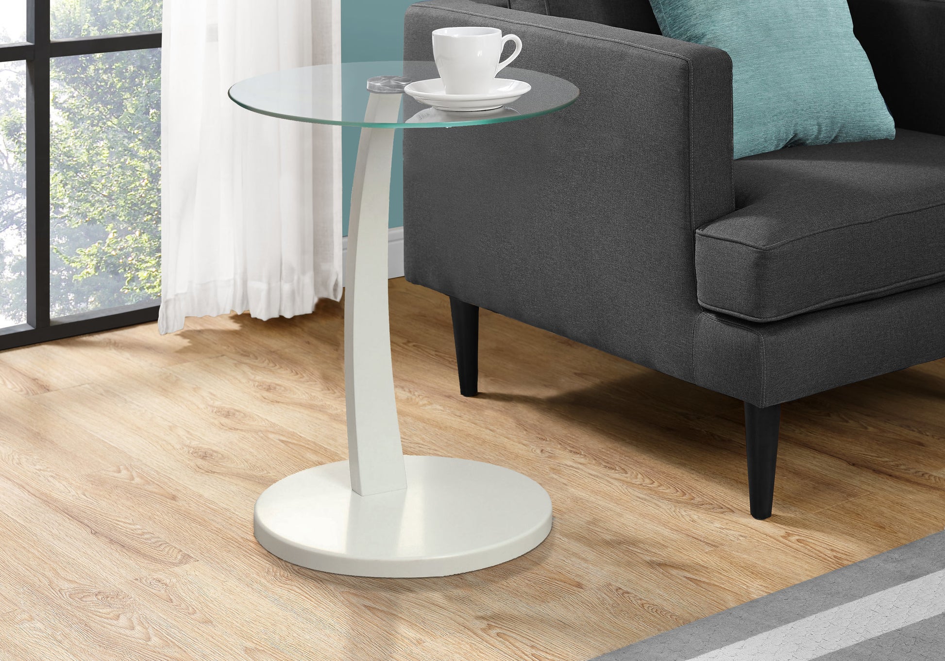 title:Accent Table, C-shaped, End, Side, Snack, Living Room, Bedroom, Clear Tempered Glass, White Laminate, Contemporary, Modern;color:White