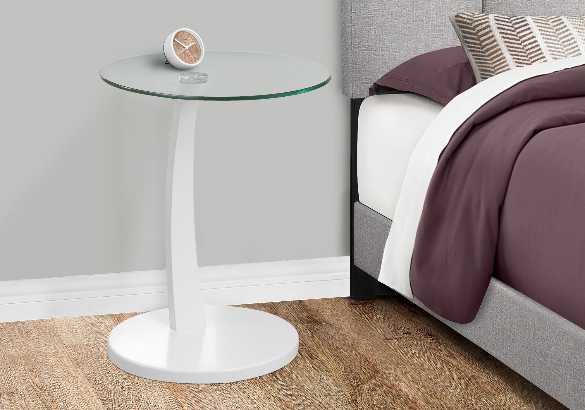 title:Accent Table, C-shaped, End, Side, Snack, Living Room, Bedroom, Clear Tempered Glass, White Laminate, Contemporary, Modern;color:White