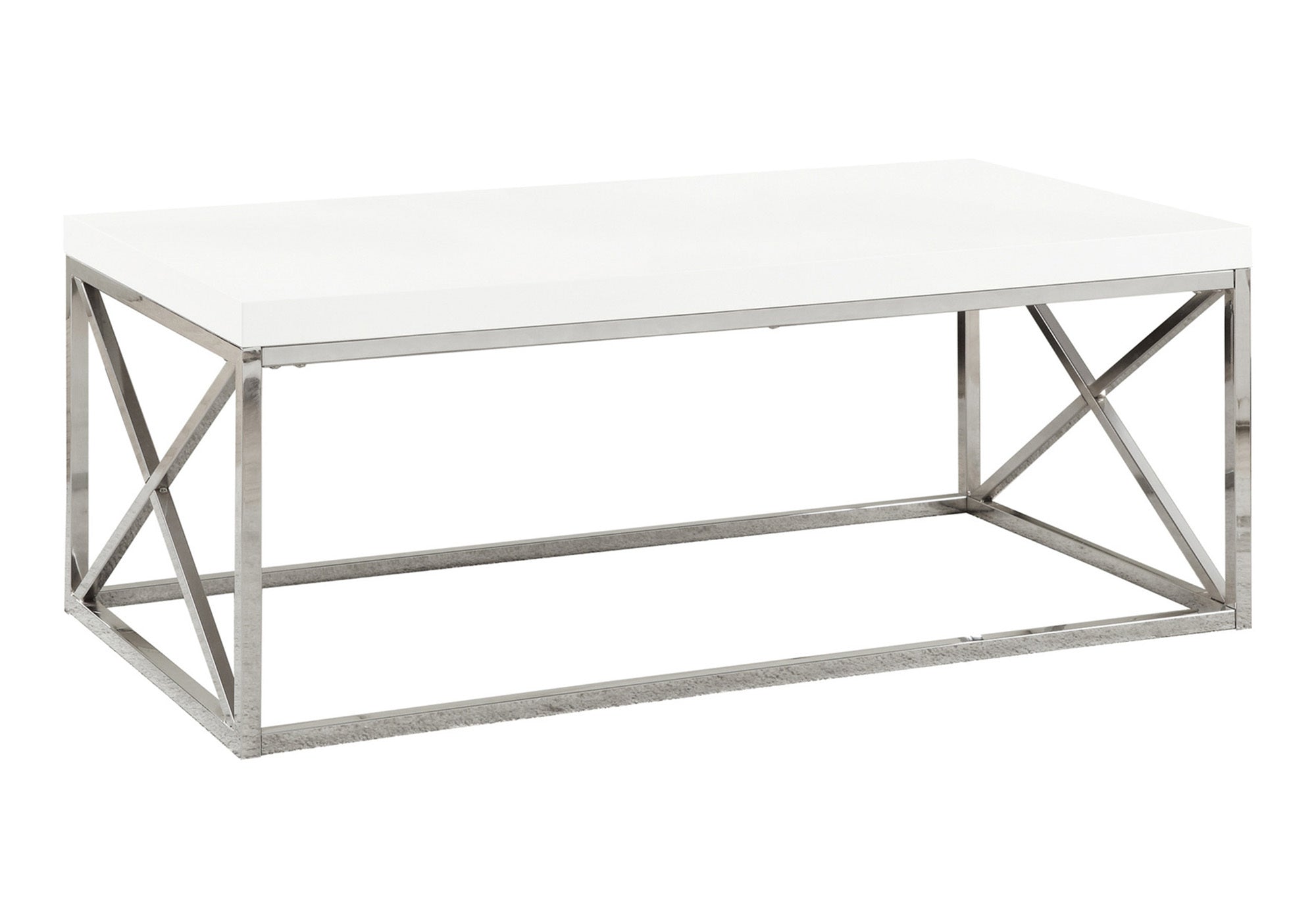 title:Coffee Table, Accent, Cocktail, Rectangular, Living Room, 44"l, Glossy White Laminate, Chrome Metal, Contemporary, Modern;color:White