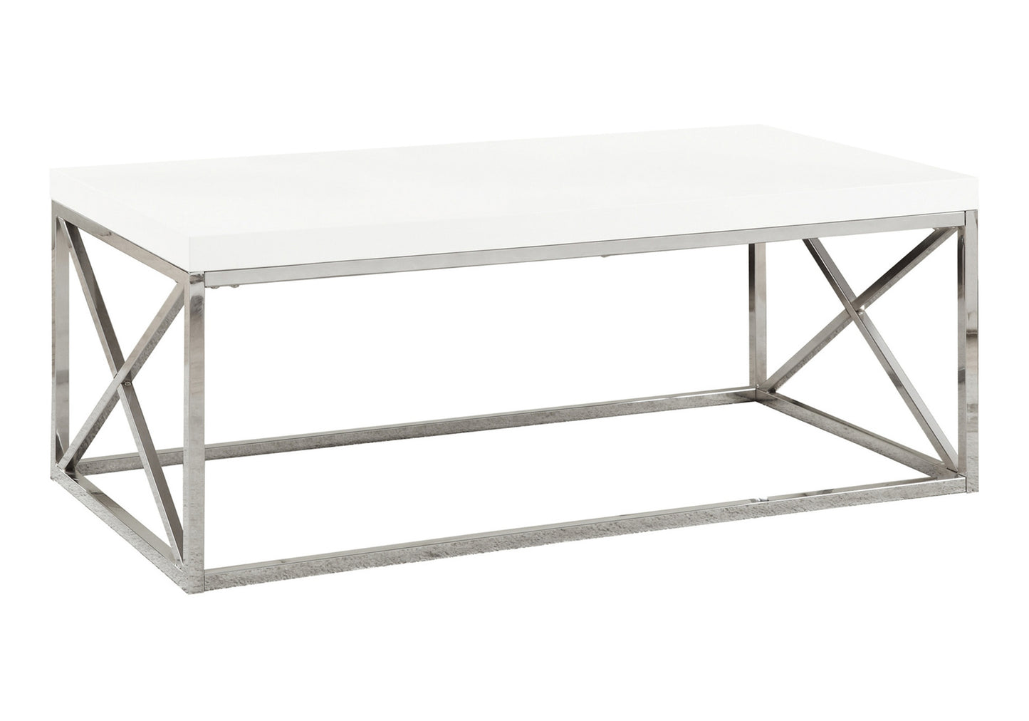 title:Coffee Table, Accent, Cocktail, Rectangular, Living Room, 44"l, Glossy White Laminate, Chrome Metal, Contemporary, Modern;color:White