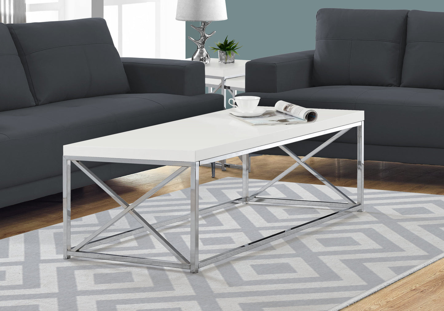 title:Coffee Table, Accent, Cocktail, Rectangular, Living Room, 44"l, Glossy White Laminate, Chrome Metal, Contemporary, Modern;color:White