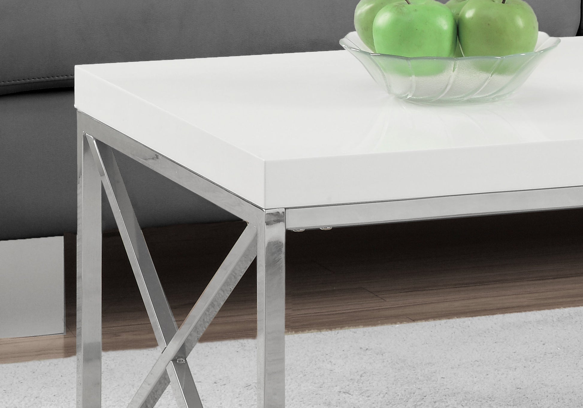 title:Coffee Table, Accent, Cocktail, Rectangular, Living Room, 44"l, Glossy White Laminate, Chrome Metal, Contemporary, Modern;color:White