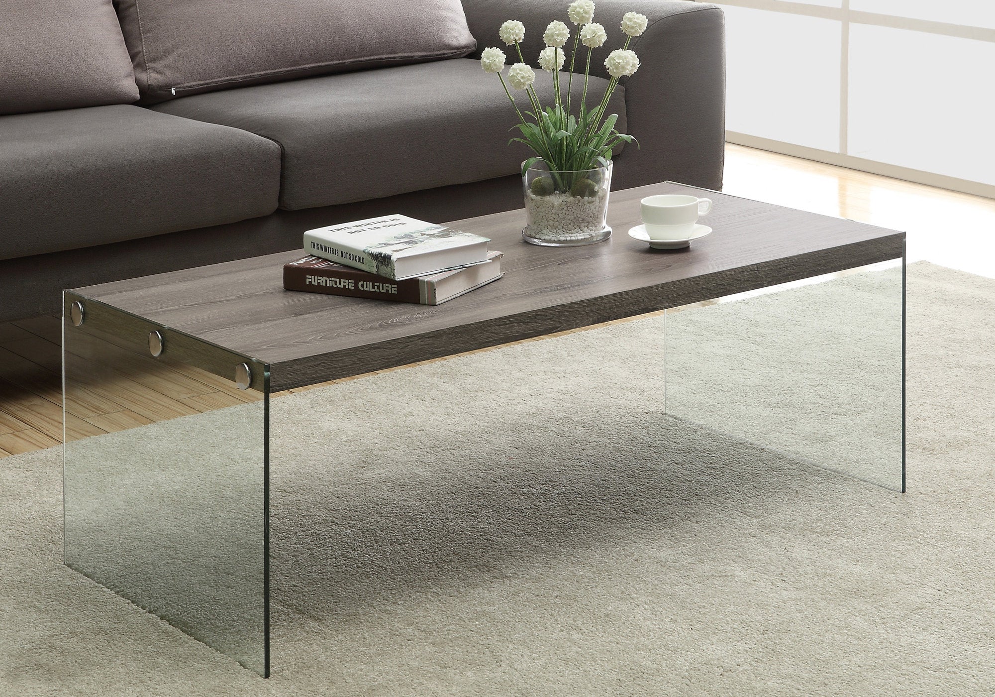 title:Coffee Table, Accent, Cocktail, Rectangular, Living Room, 44"l, Brown Laminate, Clear Tempered Glass, Contemporary, Modern;color:Dark Taupe