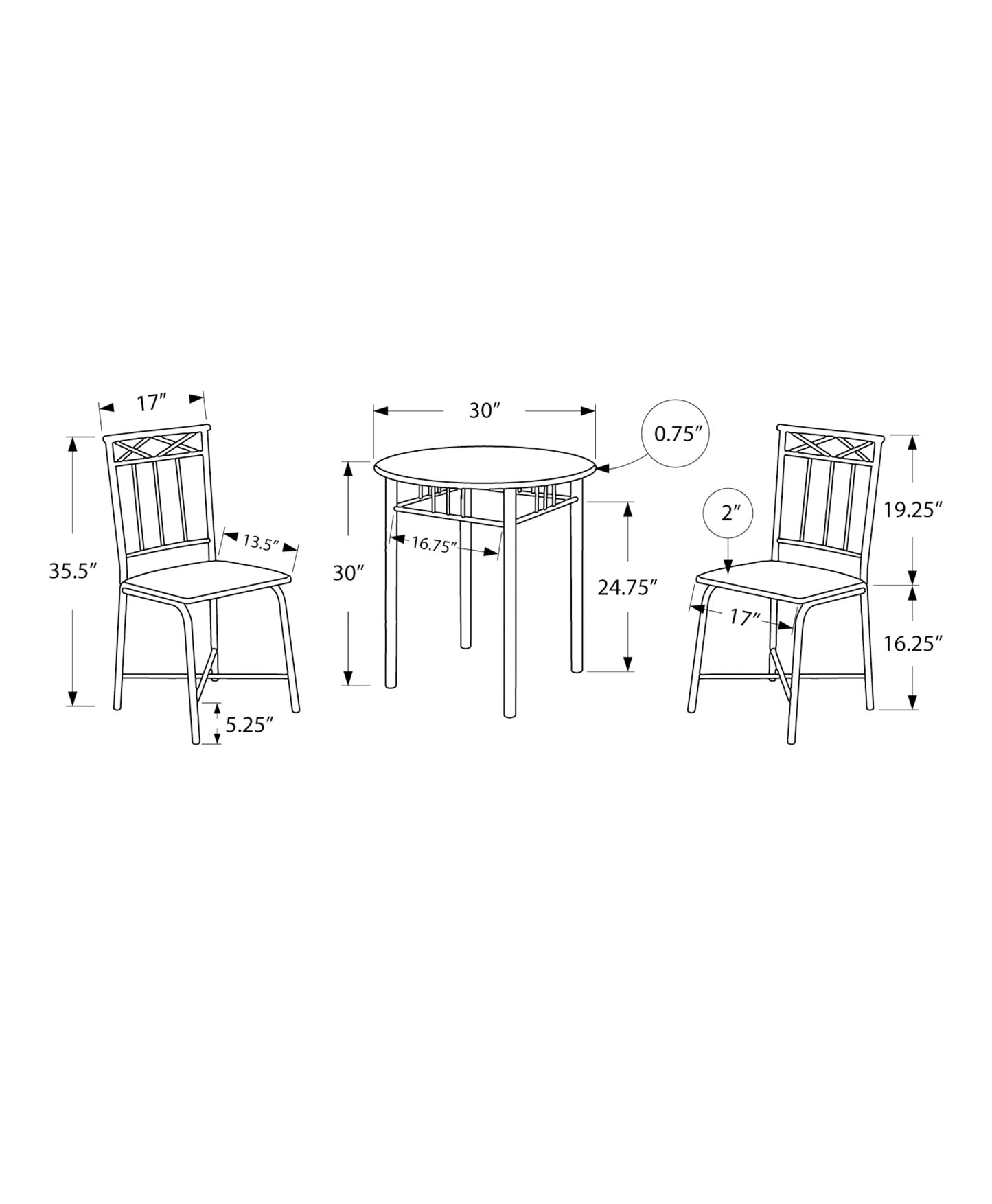 title:Dining Table Set, 3pcs Set, Small, 30" Round, Kitchen, Grey Marble Look Laminate, Black Metal, Transitional;color:Grey