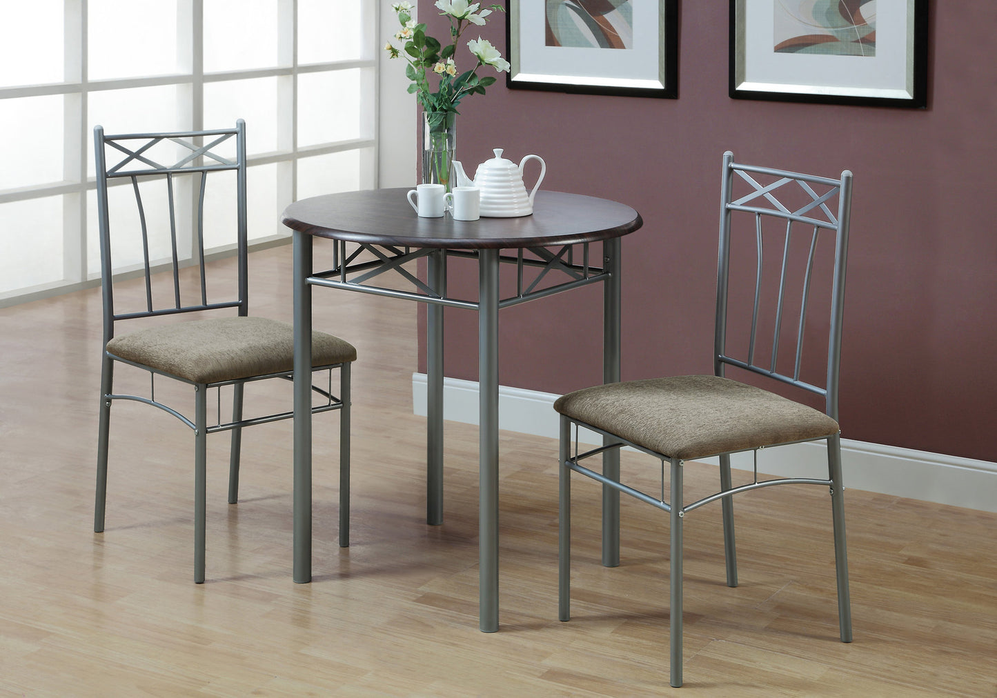 title:Dining Table Set, 3pcs Set, Small, 30" Round, Kitchen, Brown Laminate, Grey Metal, Transitional;color:Espresso