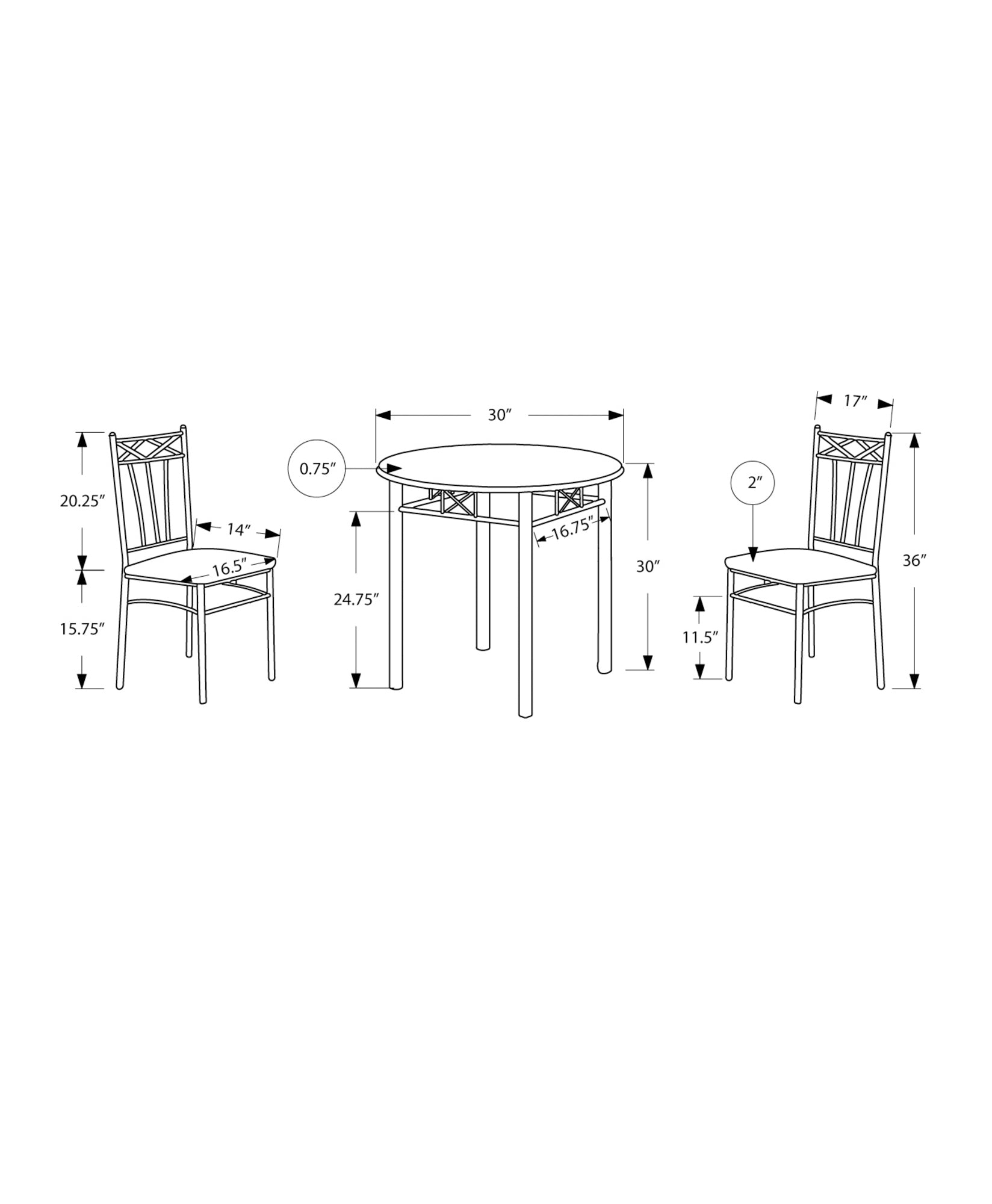 title:Dining Table Set, 3pcs Set, Small, 30" Round, Kitchen, Brown Laminate, Grey Metal, Transitional;color:Espresso