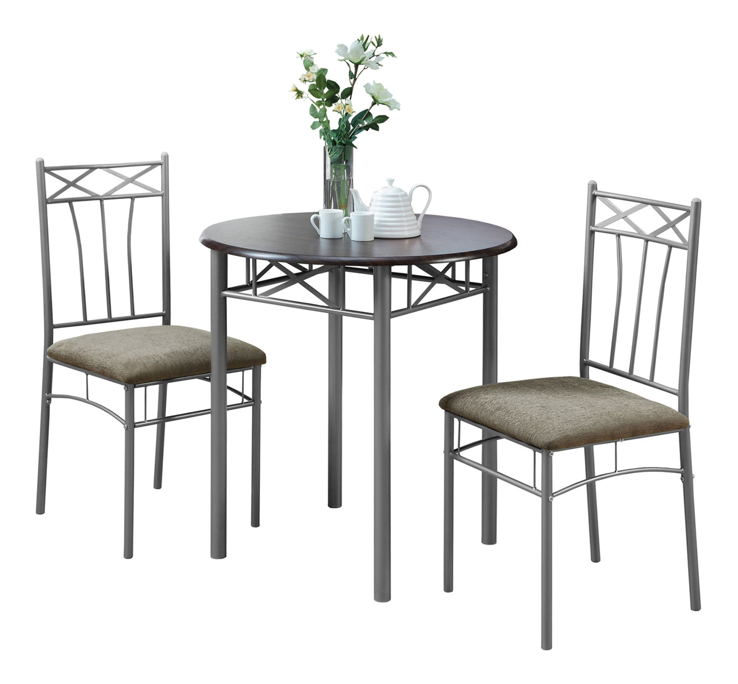 title:Dining Table Set, 3pcs Set, Small, 30" Round, Kitchen, Brown Laminate, Grey Metal, Transitional;color:Espresso