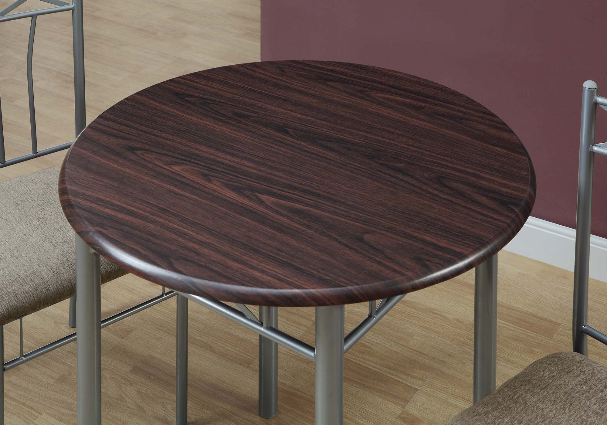 title:Dining Table Set, 3pcs Set, Small, 30" Round, Kitchen, Brown Laminate, Grey Metal, Transitional;color:Espresso