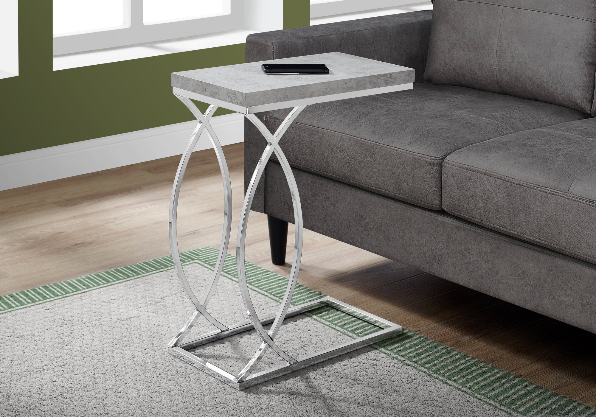 title:Accent Table, C-shaped, End, Side, Snack, Living Room, Bedroom, Grey Laminate, Chrome Metal, Contemporary, Modern;color:Grey