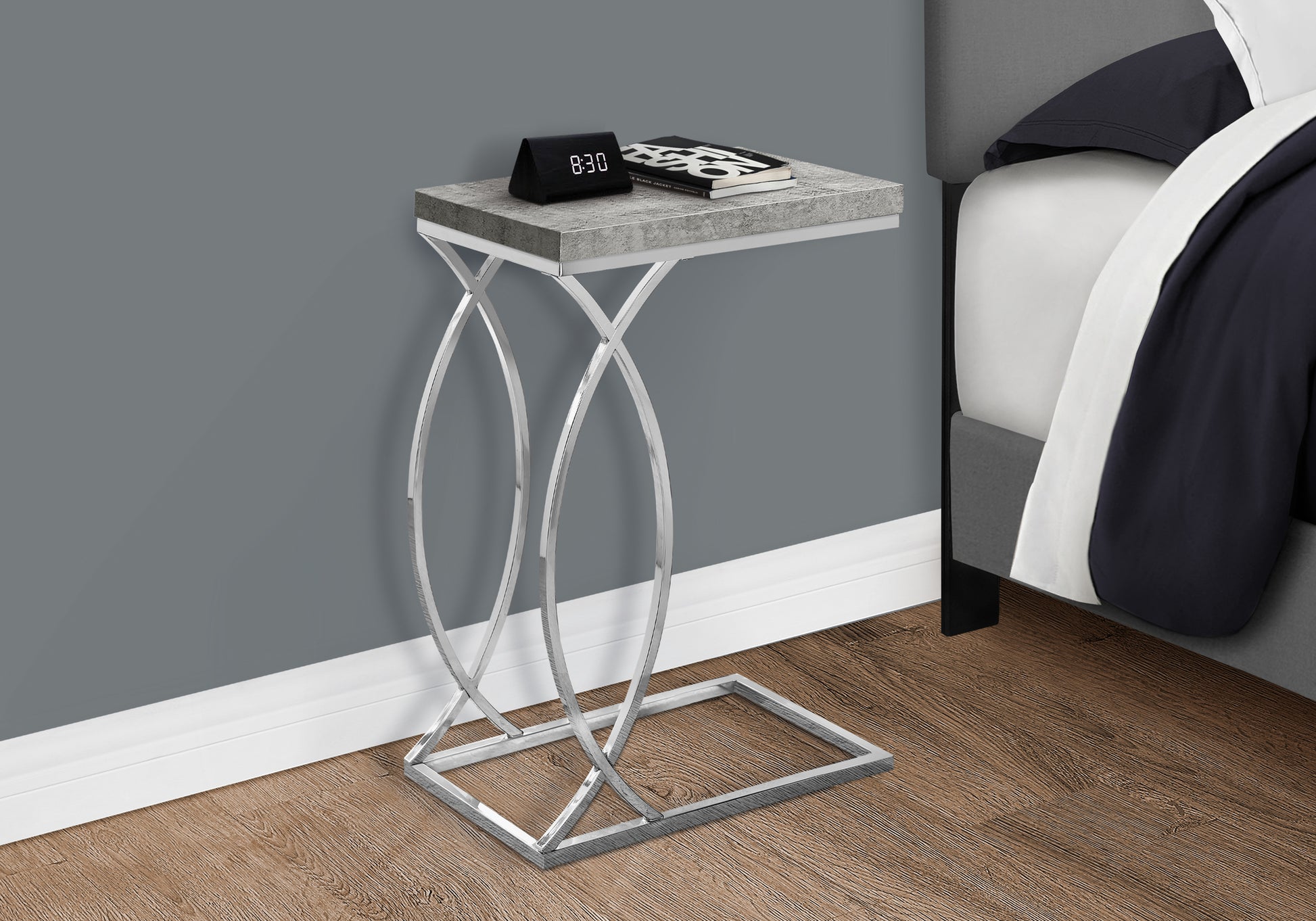 title:Accent Table, C-shaped, End, Side, Snack, Living Room, Bedroom, Grey Laminate, Chrome Metal, Contemporary, Modern;color:Grey