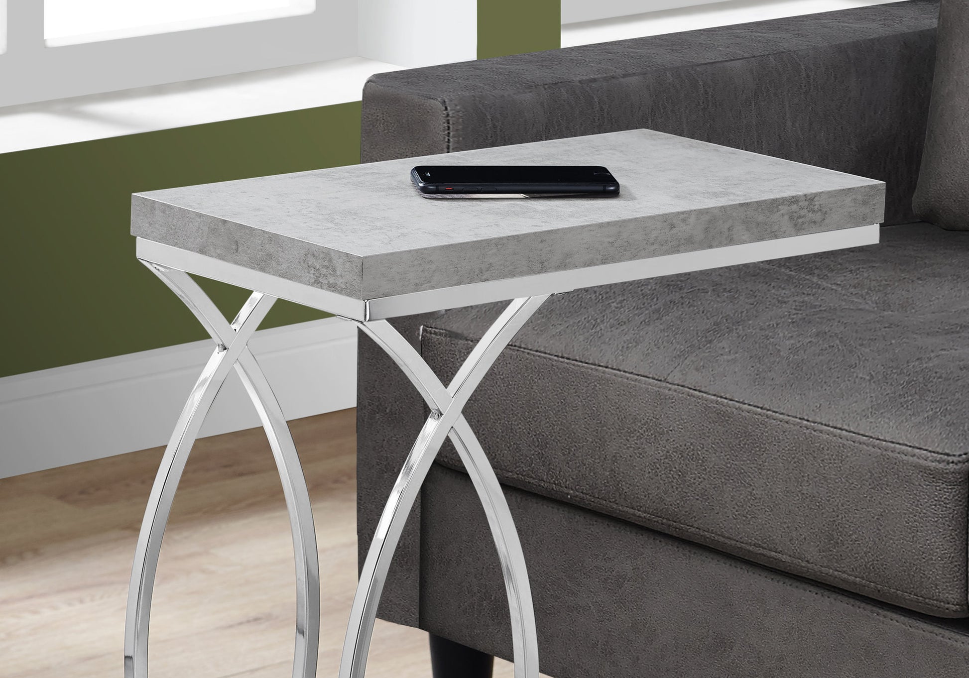 title:Accent Table, C-shaped, End, Side, Snack, Living Room, Bedroom, Grey Laminate, Chrome Metal, Contemporary, Modern;color:Grey