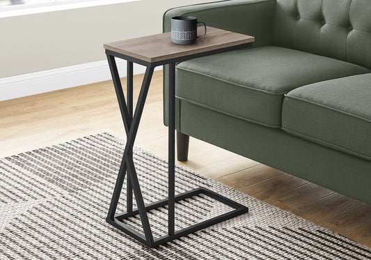 title:Accent Table, C-shaped, End, Side, Snack, Living Room, Bedroom, Brown Laminate, Black Metal, Contemporary, Modern;color:Dark Taupe