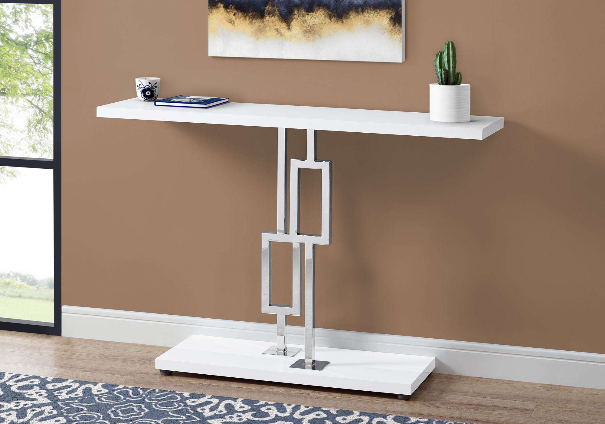 title:Accent Table, Console, Entryway, Narrow, Sofa, Living Room, Bedroom, Glossy White Laminate, Chrome Metal, Contemporary, Modern;color:White