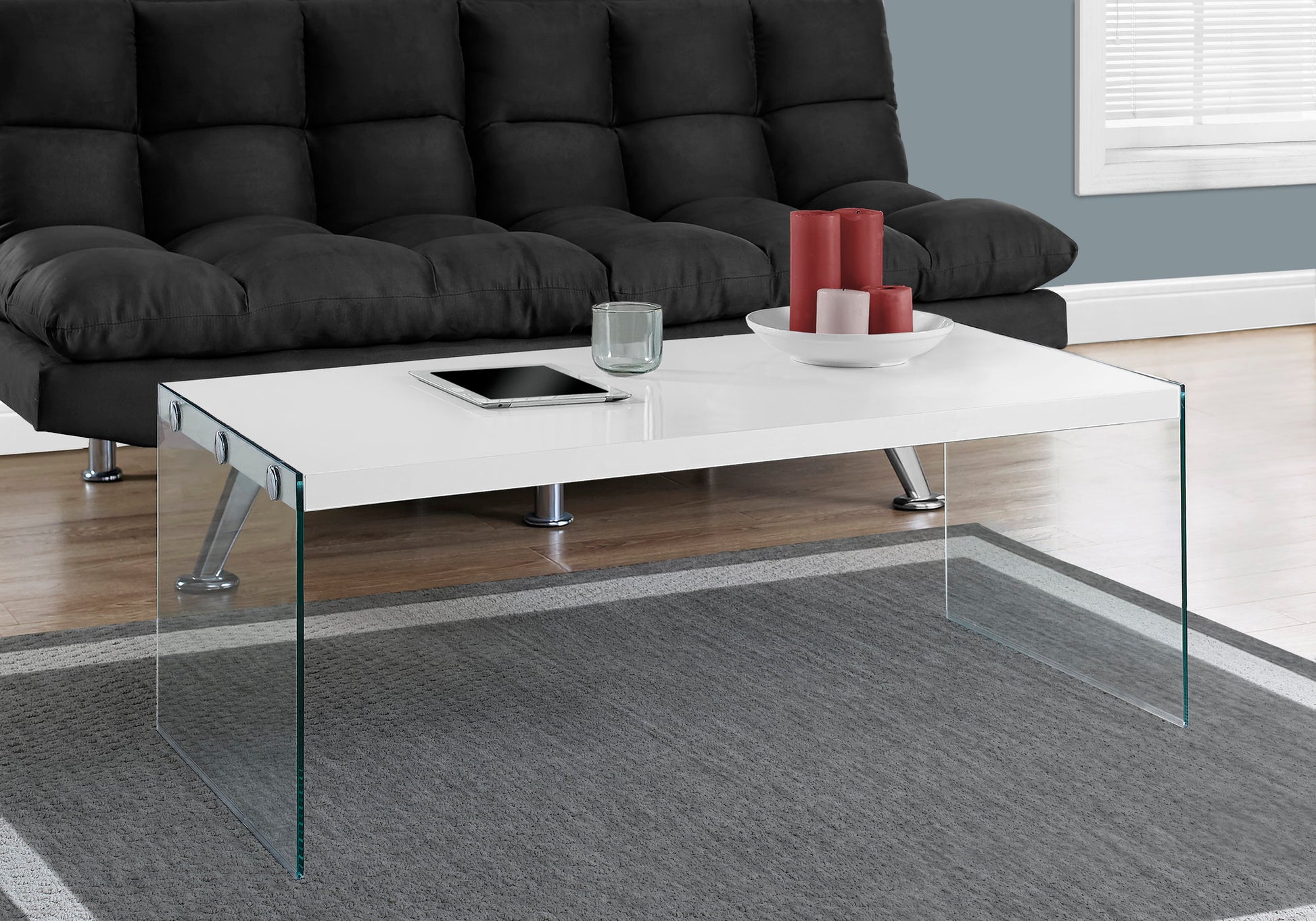 title:Coffee Table, Accent, Cocktail, Rectangular, Living Room, 44"l, Glossy White Laminate, Clear Tempered Glass, Contemporary, Modern;color:White