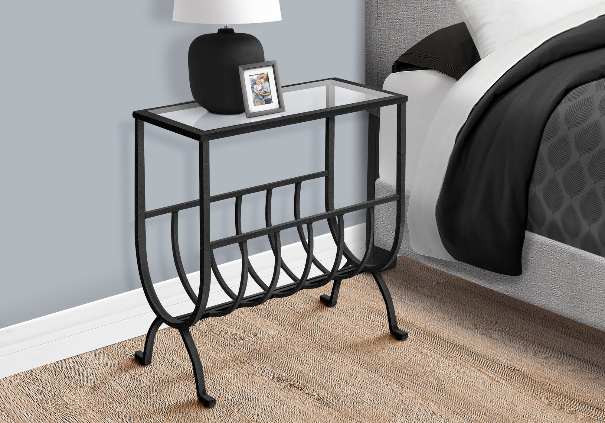 title:Accent Table, Side, End, Magazine, Nightstand, Narrow, Living Room, Bedroom, Clear Tempered Glass, Black Metal, Transitional;color:Brown