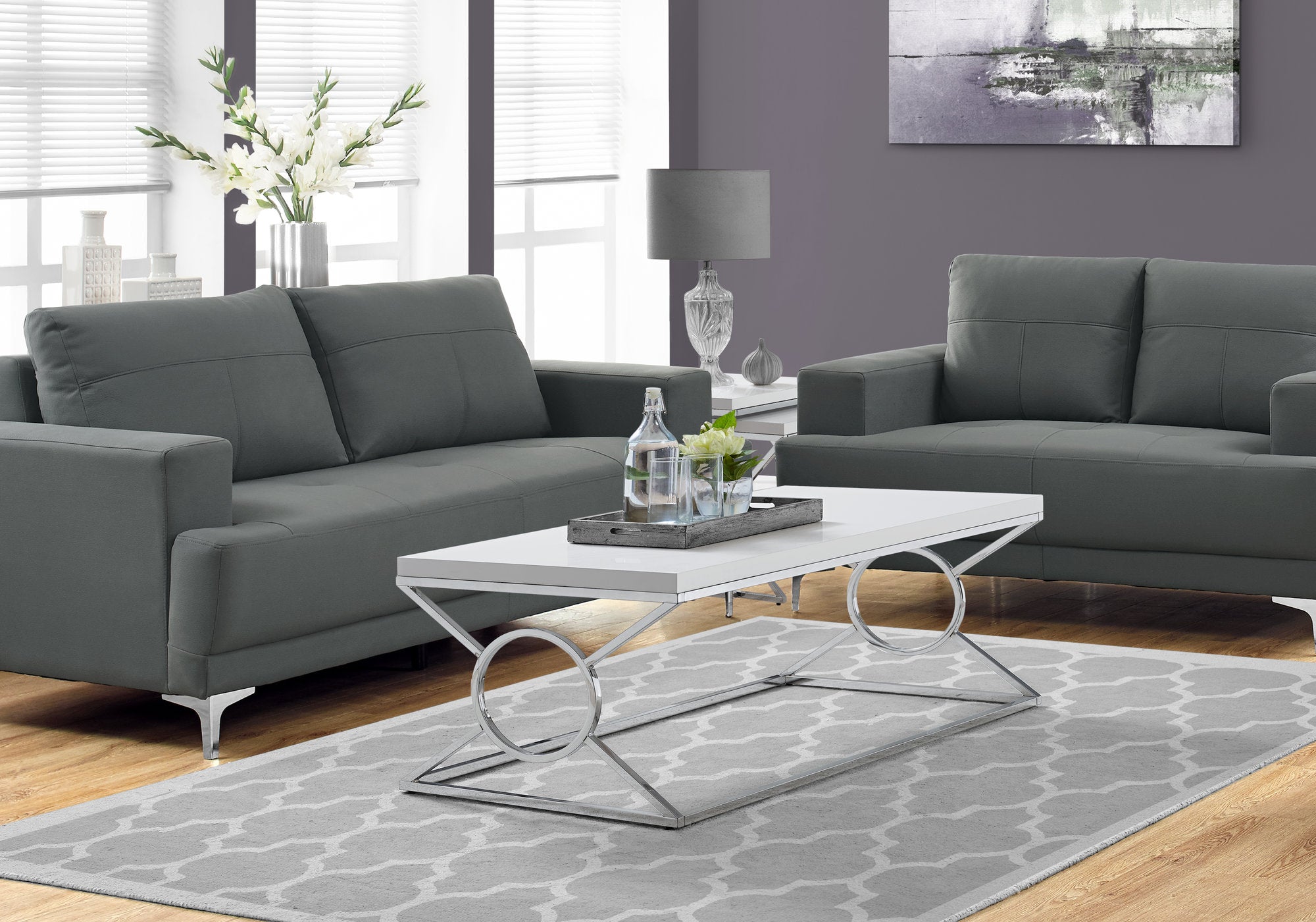 title:Coffee Table, Accent, Cocktail, Rectangular, Living Room, 44"l, Glossy White Laminate, Chrome Metal, Contemporary, Modern;color:White