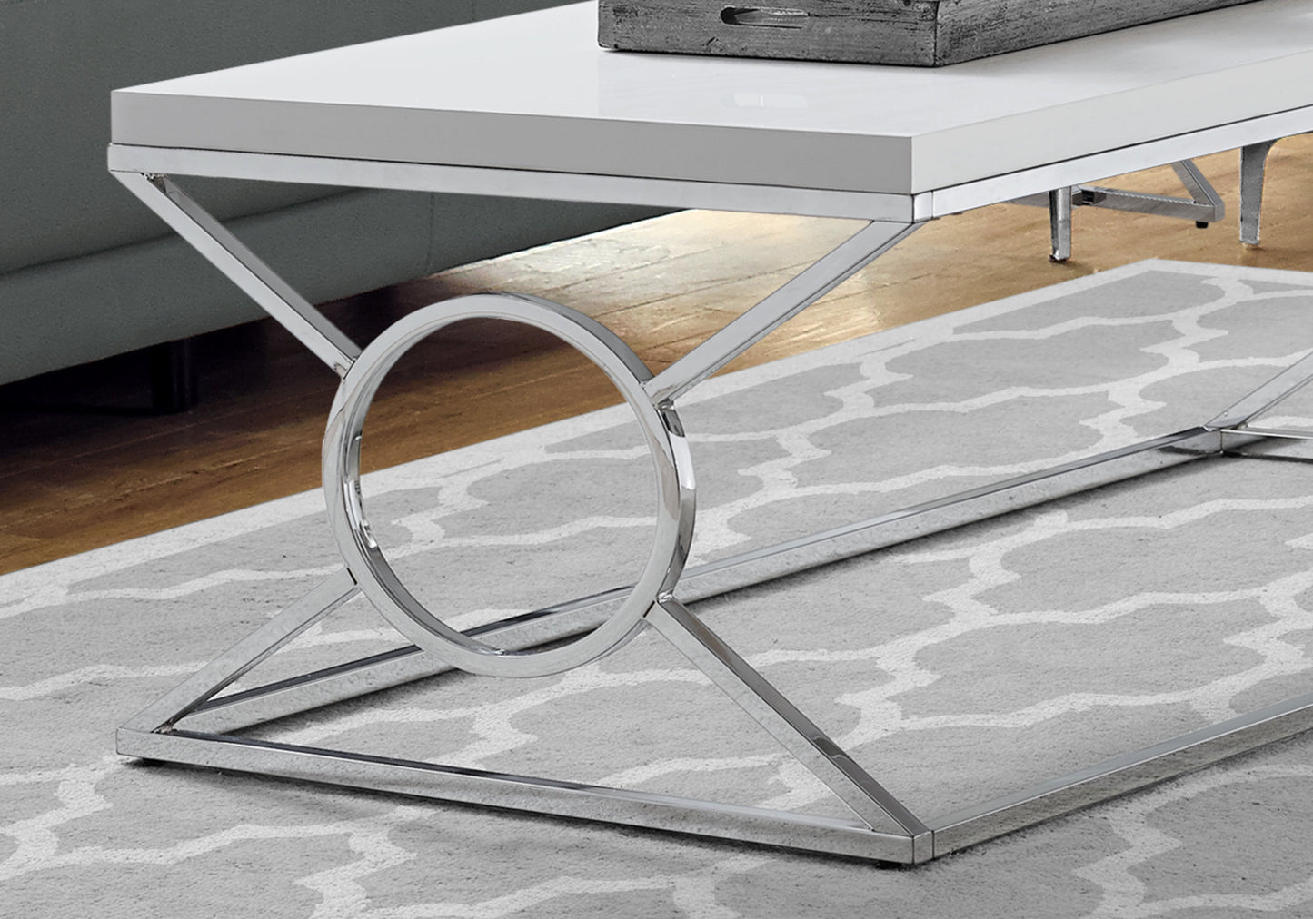 title:Coffee Table, Accent, Cocktail, Rectangular, Living Room, 44"l, Glossy White Laminate, Chrome Metal, Contemporary, Modern;color:White