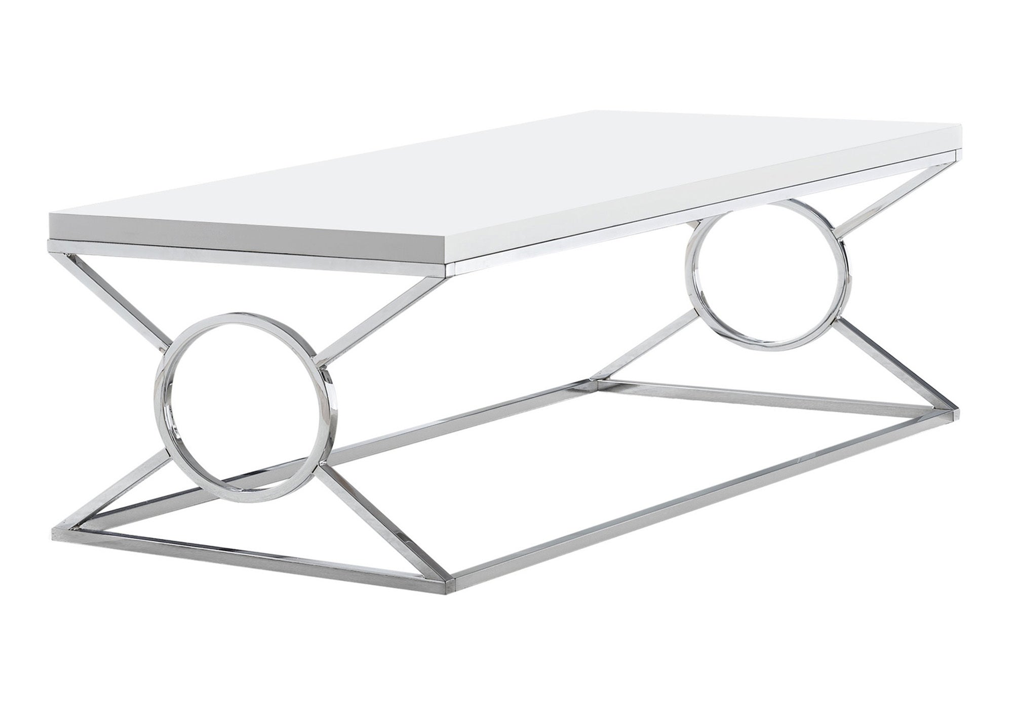 title:Coffee Table, Accent, Cocktail, Rectangular, Living Room, 44"l, Glossy White Laminate, Chrome Metal, Contemporary, Modern;color:White