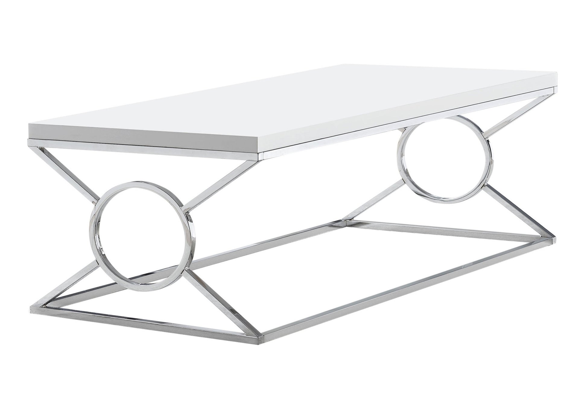 title:Coffee Table, Accent, Cocktail, Rectangular, Living Room, 44"l, Glossy White Laminate, Chrome Metal, Contemporary, Modern;color:White