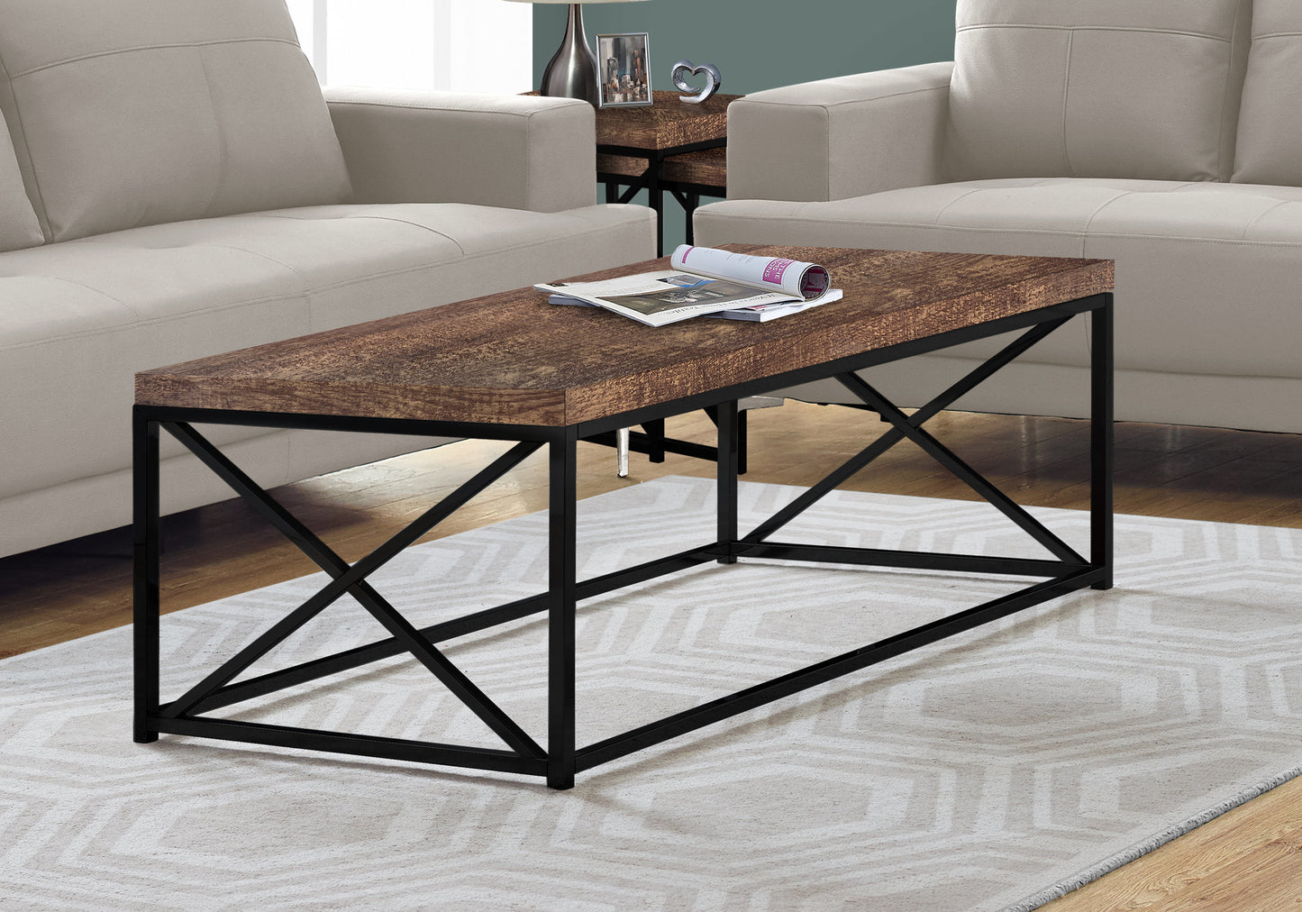 title:Coffee Table, Accent, Cocktail, Rectangular, Living Room, 44"l, Brown Laminate, Black Metal, Contemporary, Modern;color:Brown