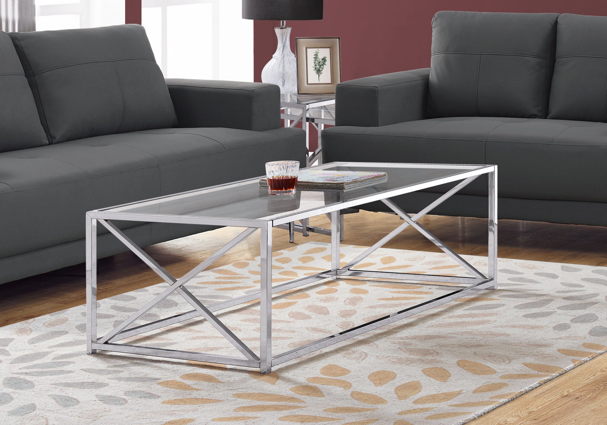 title:Coffee Table, Accent, Cocktail, Rectangular, Living Room, 44"l, Clear Tempered Glass, Chrome Metal, Contemporary, Modern;color:Chrome