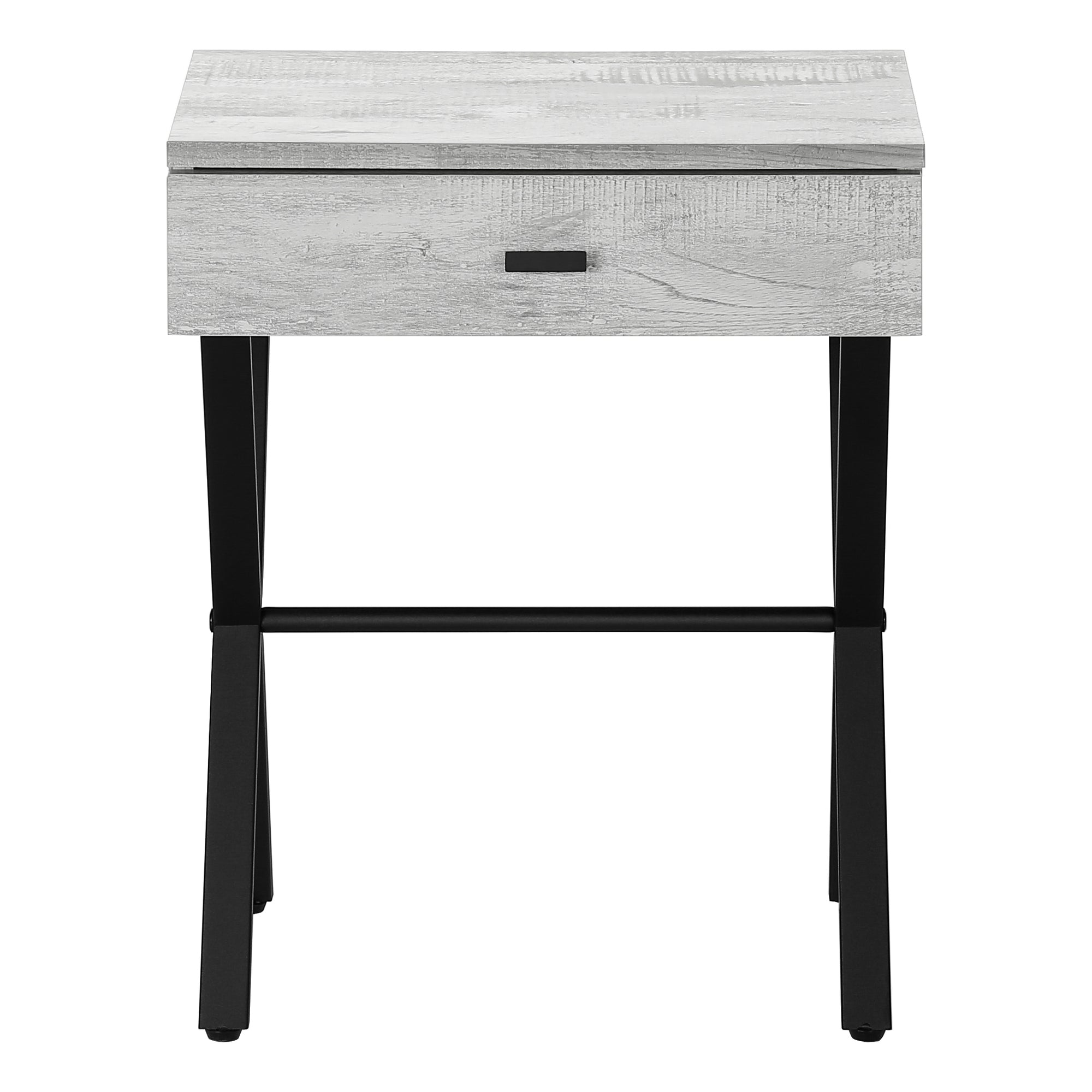 title:Accent Table, Side, End, Nightstand, Lamp, Storage Drawer, Living Room, Bedroom, Grey Laminate, Black Metal, Contemporary, Modern;color:Grey