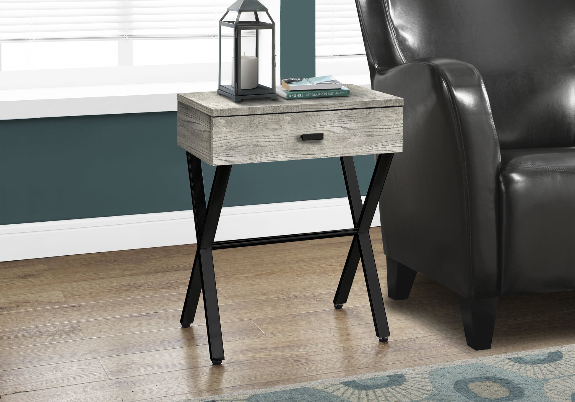 title:Accent Table, Side, End, Nightstand, Lamp, Storage Drawer, Living Room, Bedroom, Grey Laminate, Black Metal, Contemporary, Modern;color:Grey