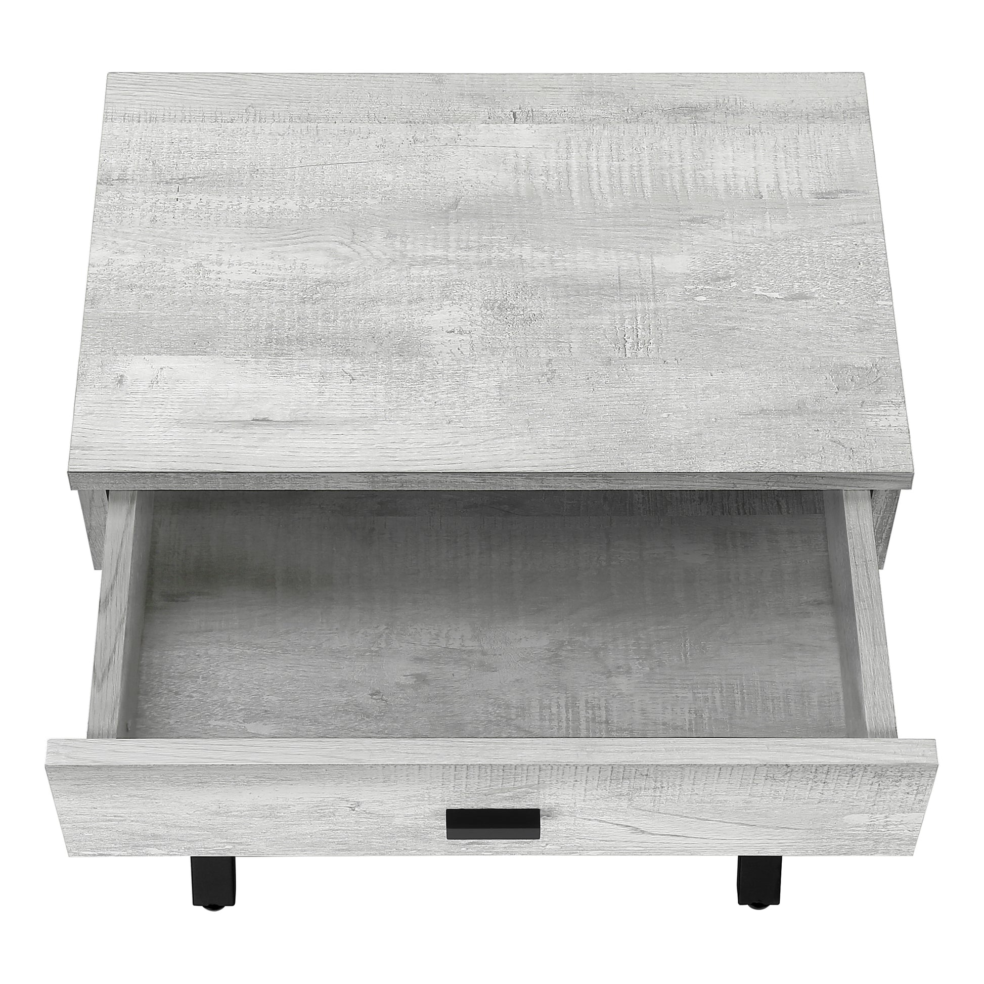 title:Accent Table, Side, End, Nightstand, Lamp, Storage Drawer, Living Room, Bedroom, Grey Laminate, Black Metal, Contemporary, Modern;color:Grey